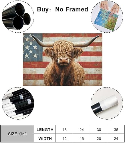 Miniatura 5 de JDBeehpy Arte de pared de vaca de las tierras altas de granja, bandera americana, sin marco, póster patriótico para el Día de la Independencia del 4