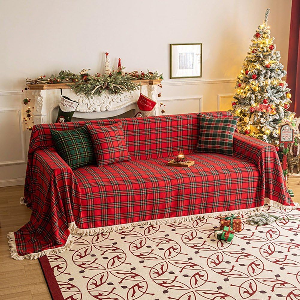 Christmas Plaid Couch Cover with Tassel, Washable Sofa Covers Couch Furniture Protector Seat Slipcover for Living Room