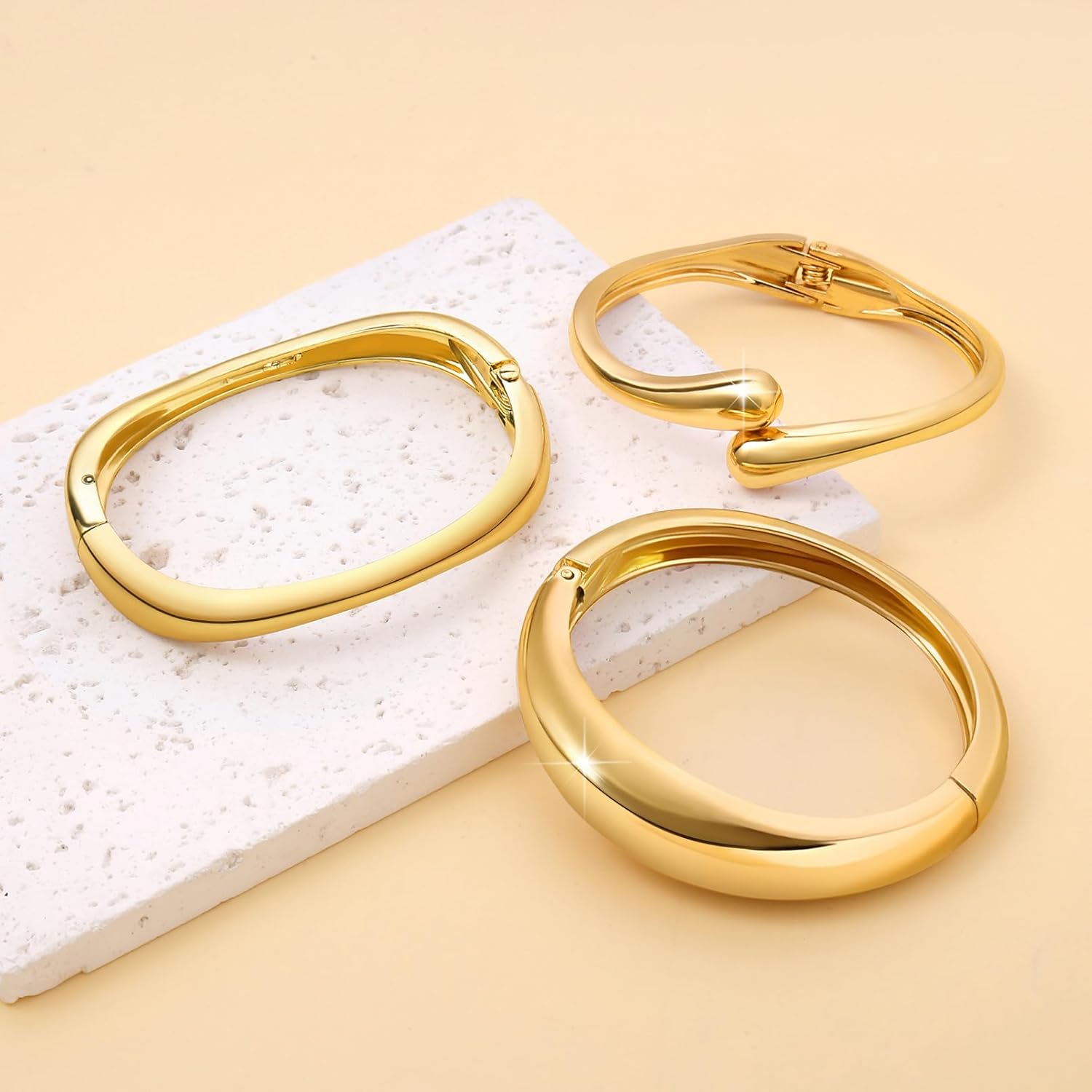 Winas 3PCS Chunky Gold Bangles Bracelets for Women, 14K Gold Plated Stack Waterproof Cuff Bangle Bracelets Non Tarnish, Fashion Jewelry Gifts for Women - Image 3