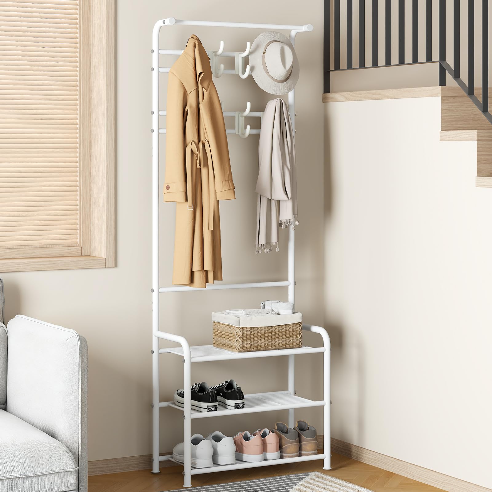 Innotic Appendiabiti con Scarpiera 3 in 1, 16 Ganci Rimovibile Attaccapanni | Stabile Appendiabiti Ingresso Salvaspazio, Mobile da Ingresso Moderno, Appendiabiti da terra per Camera letto, Bianco