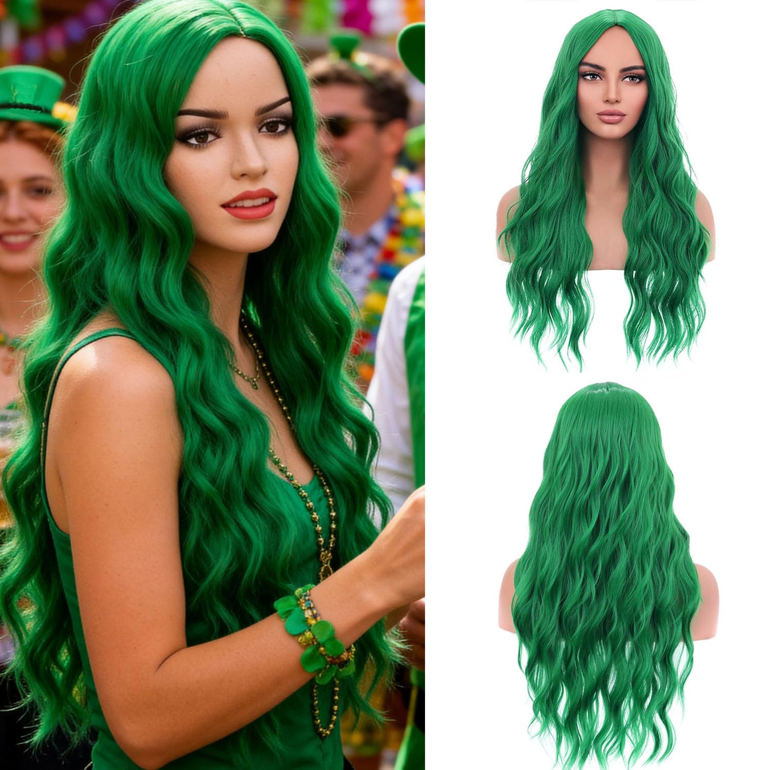 NEW ! Women Long 21 Inch Curly Wavy Wig Green Green Wig with Bangs Soft Long Wavy Wigs for Women Curly  main image 4