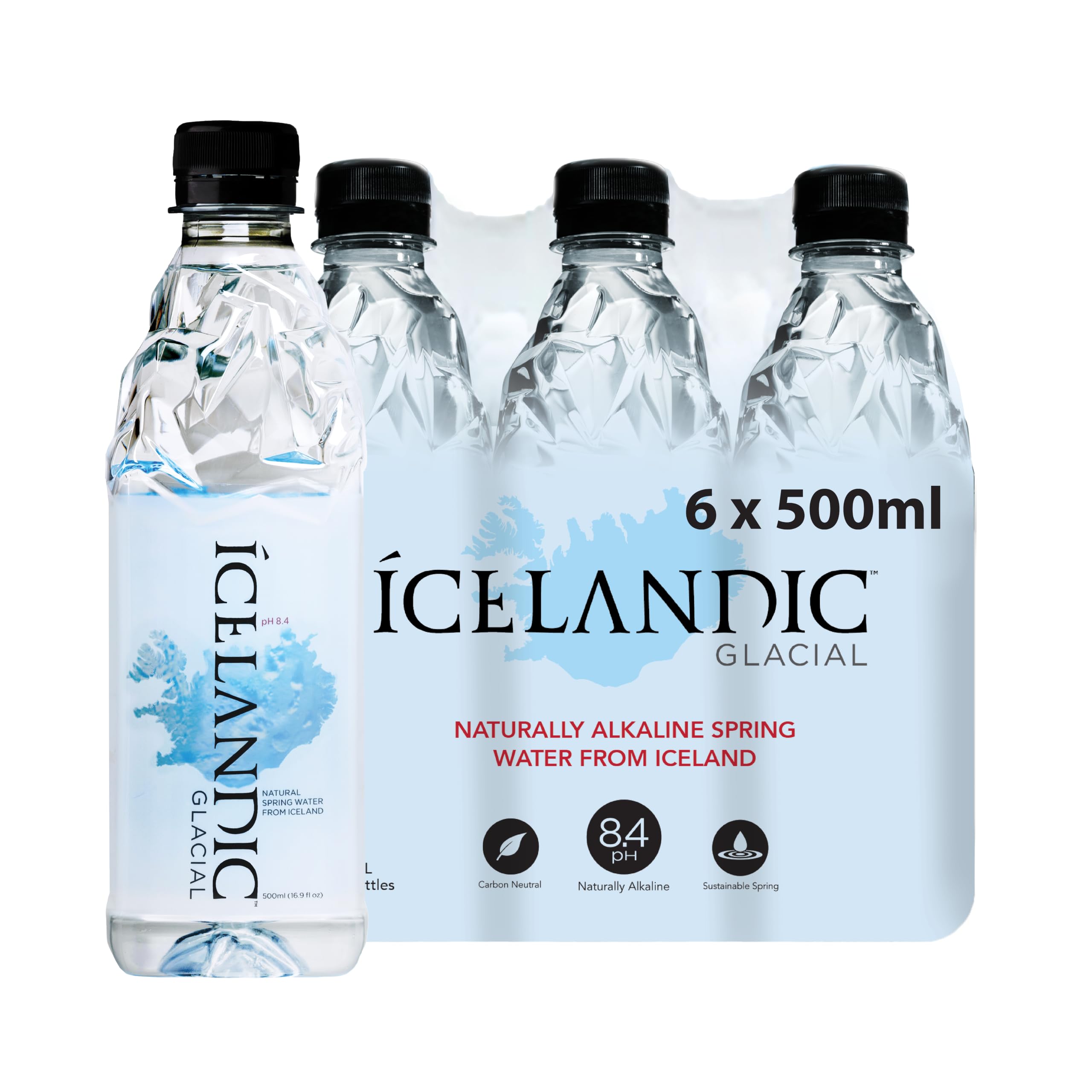 Icelandic Glacial Premium Natürliches Wasser 6 x 500ml Flaschen aus recyceltem PET pro Pack – Alkalisch/Niedriger pH-Wert, BPA-frei, Klimaneutral aus der isländischen Quelle. Geringer TDS-Gehalt.