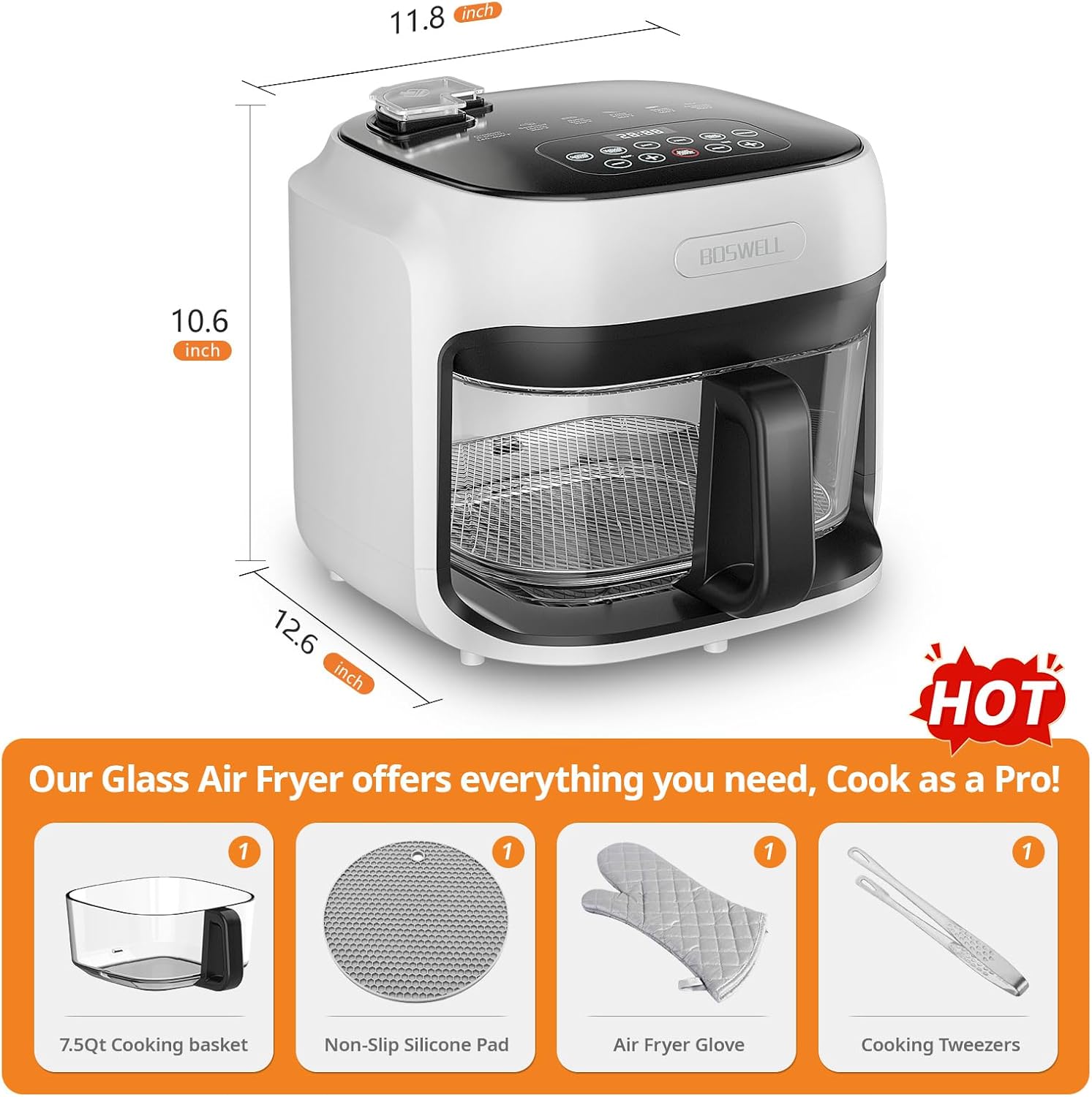 BOSWELL Glass Air Fryer with accessories
