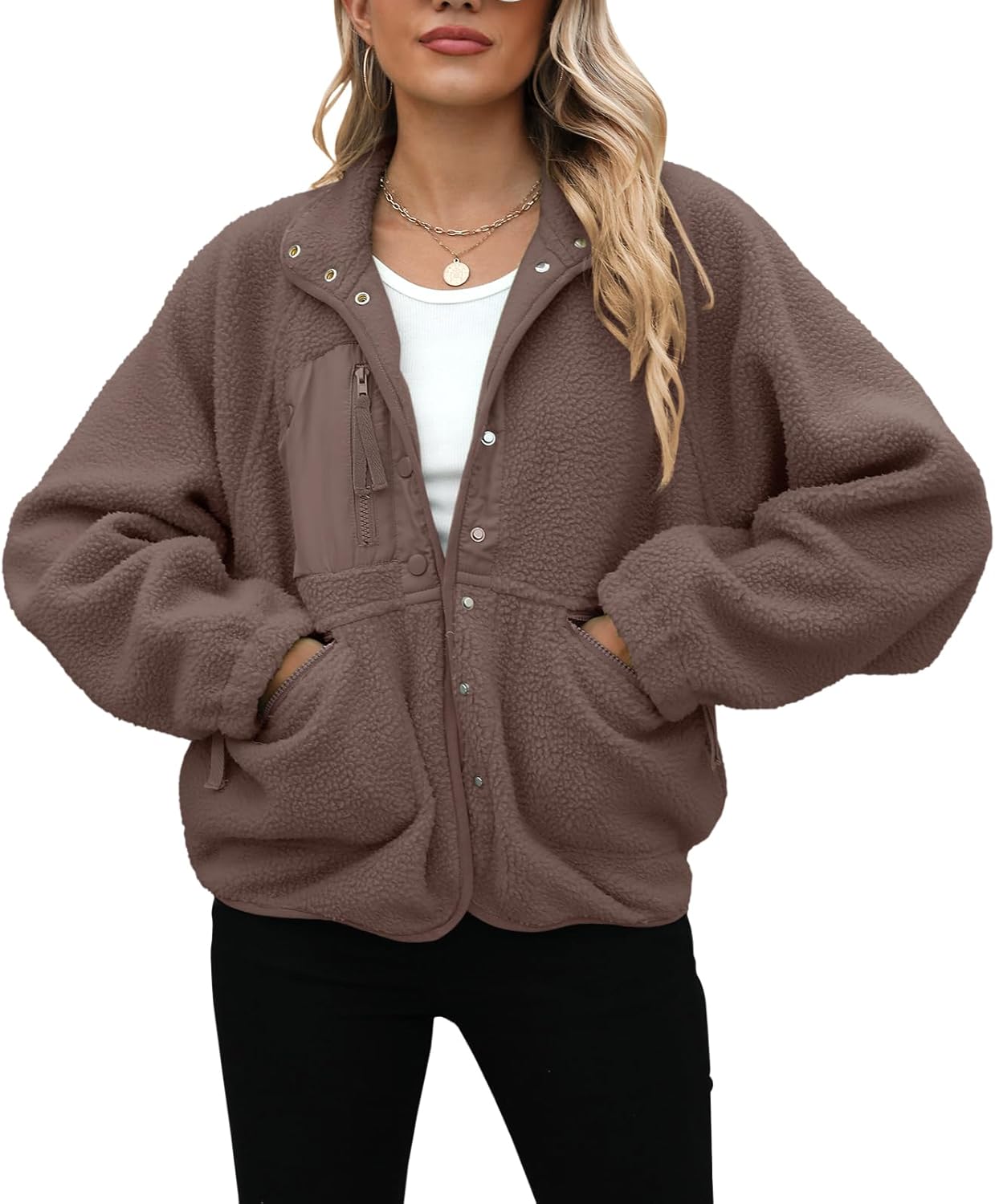 Yanekop Womens Fleece Jacket Fuzzy Long Sleeve Short Winter Coats Button Down Sherpa Jacket Outerwear with Pockets - Image 3