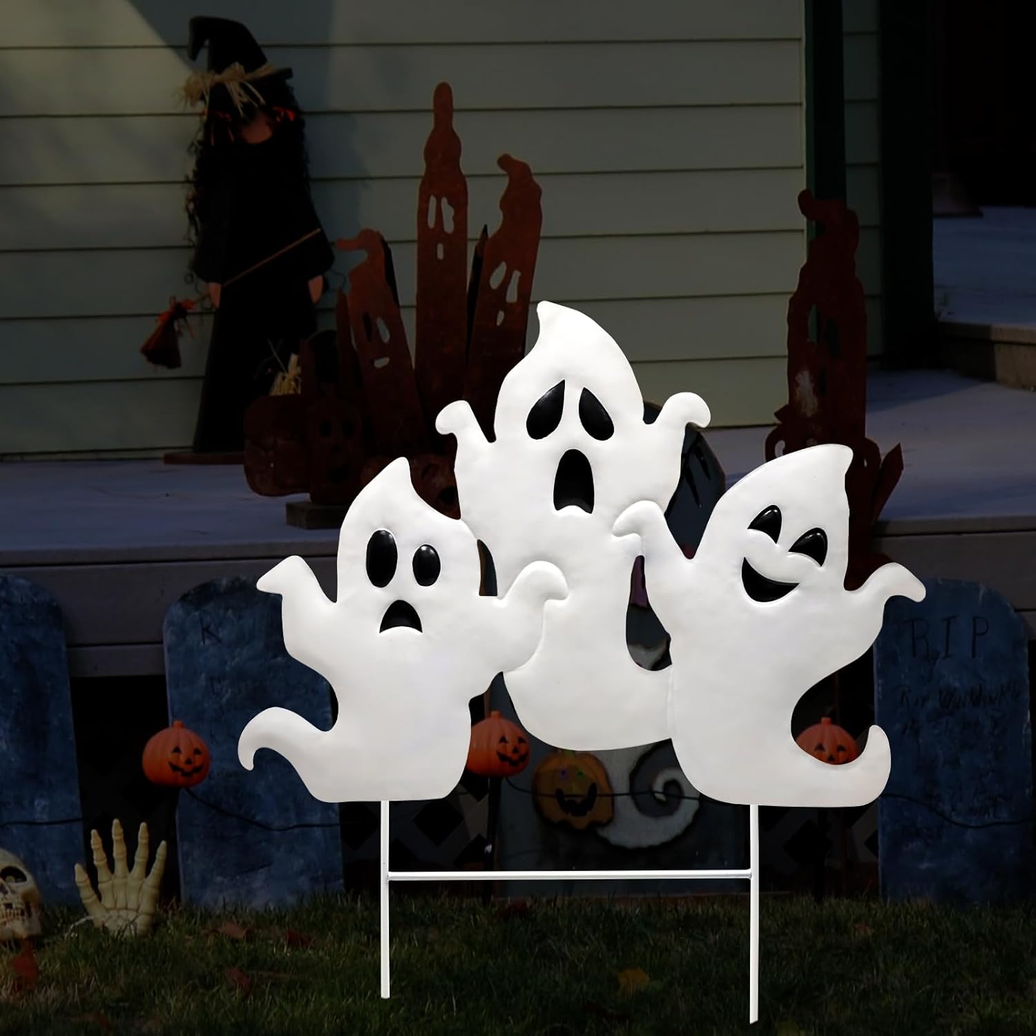 YIYA Halloween Garden Decorations Metal Halloween Ghost Yard Signs with Stake Outdoor Decorations Signs for Lawn Decor Yard Garden Decor