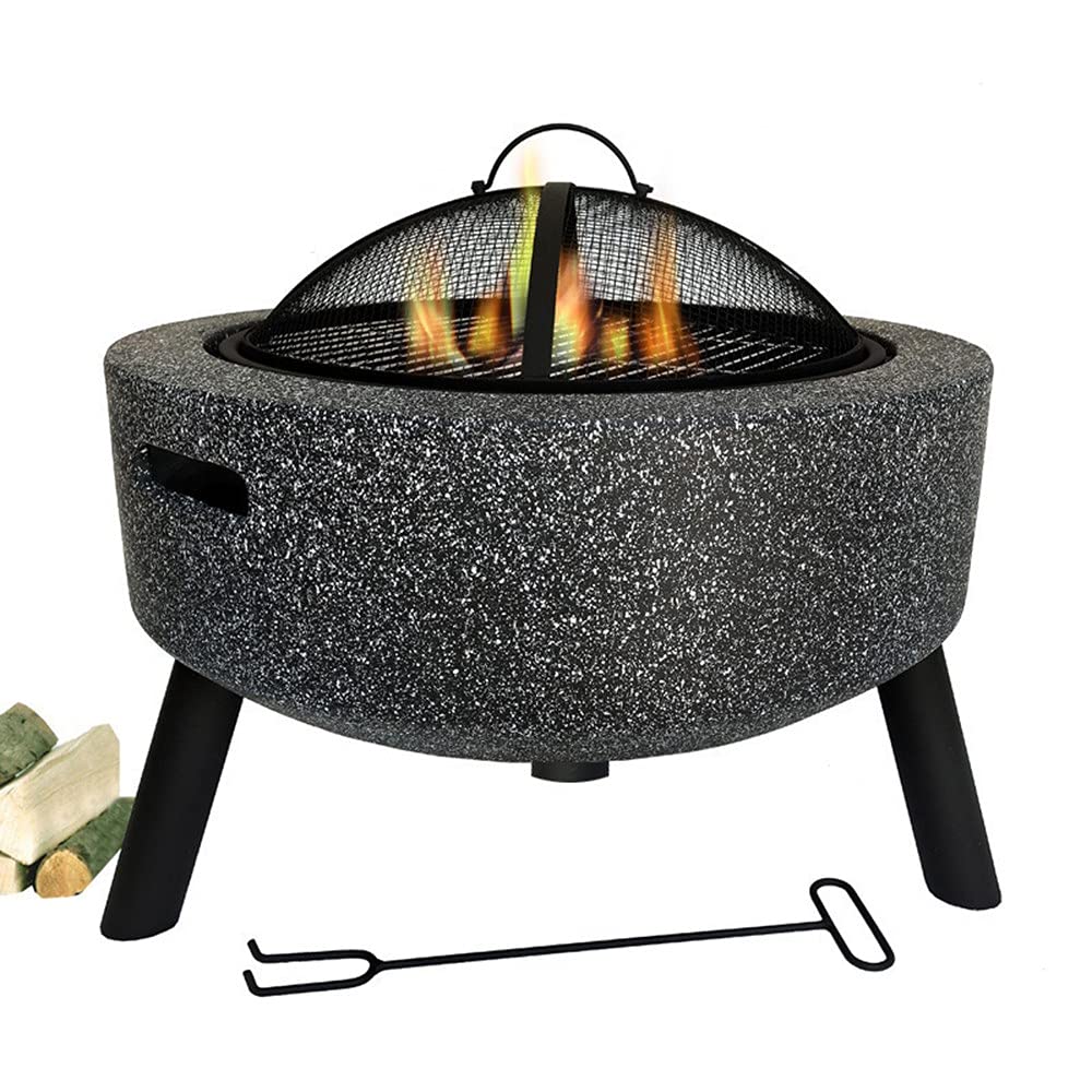 Mesa para Hoguera para Exterior Redonda, Hormigón, Piedra de Imitación para Fogata Al Aire Libre, con Pantalla de Chispa, Póquer para Chimenea, Rejilla Y Parrilla para Exterior, Jardín Black