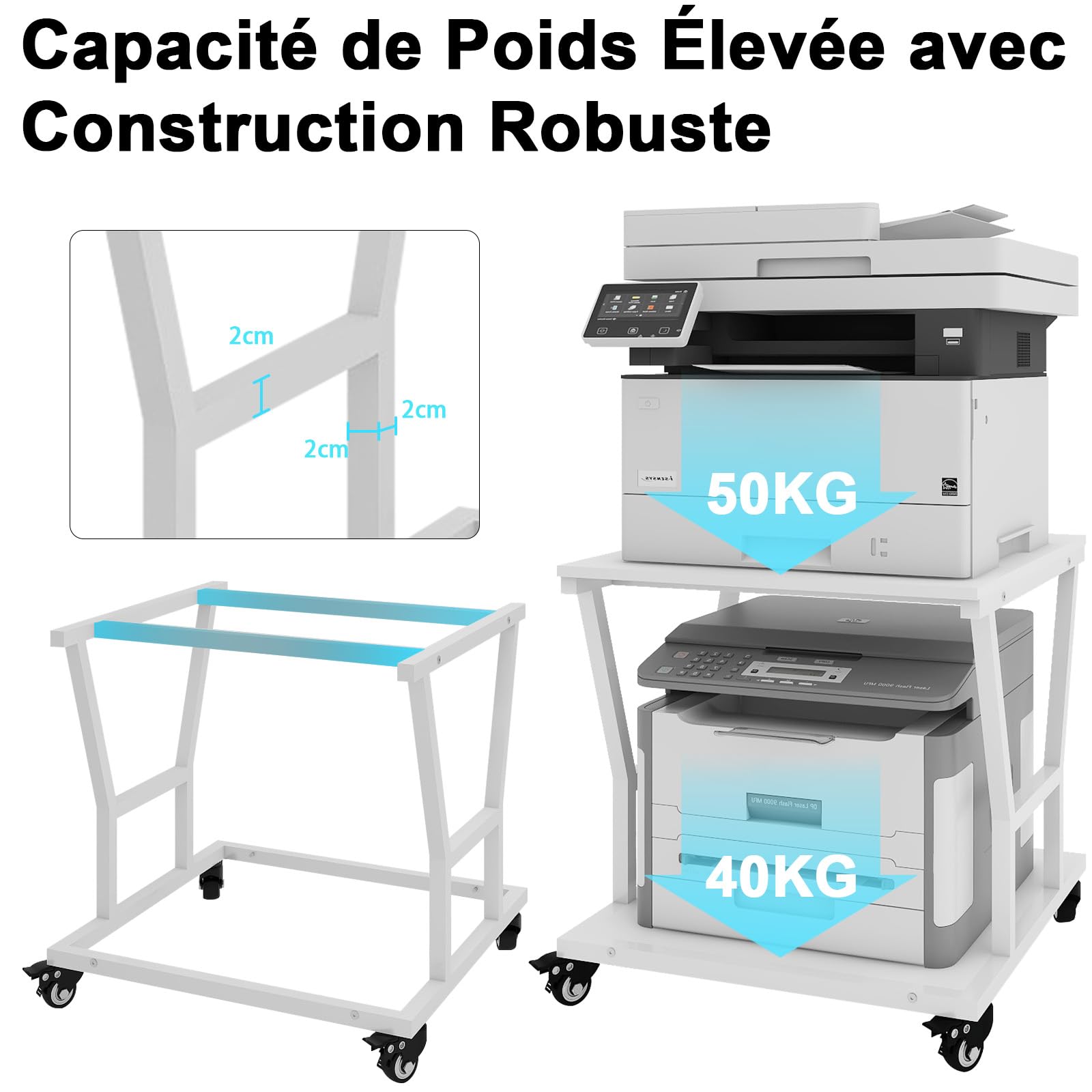 PUNCIA Support Imprimante à 2 Niveaux Meuble Rangement 50x50x60CM (Blanc) | Table de Chevet avec Roulettes Caisson Bureau de Rangement Organisateur de Stockage Charge de 90KG pour Bureau à Domicile