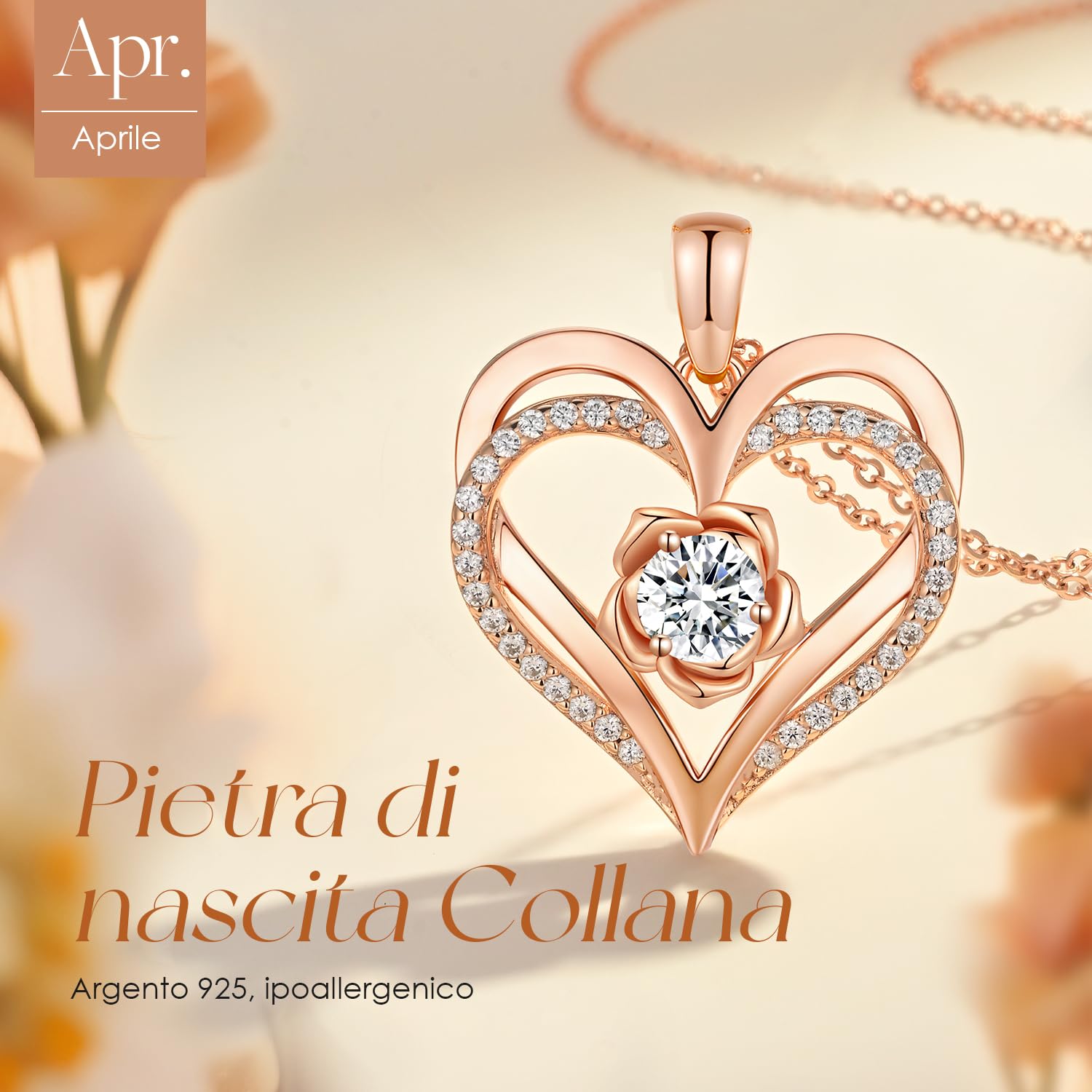 CDE Collana Donna Argento 925 Collana in Cuore, Pietra di nascita Rosé Fiore Collana in Oro, Rosa Gioielli Donna Regalo Valentin’s Day Natale Compleanno