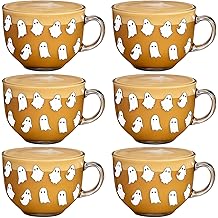 Sliner 6 Pcs Halloween Glass Coffee Mugs with Handle, 16 oz Clear Irish Coffee Mugs Halloween Ghost Footed Irish Glasses Cups for Beverages Latte Hot Chocolate(Ghost)