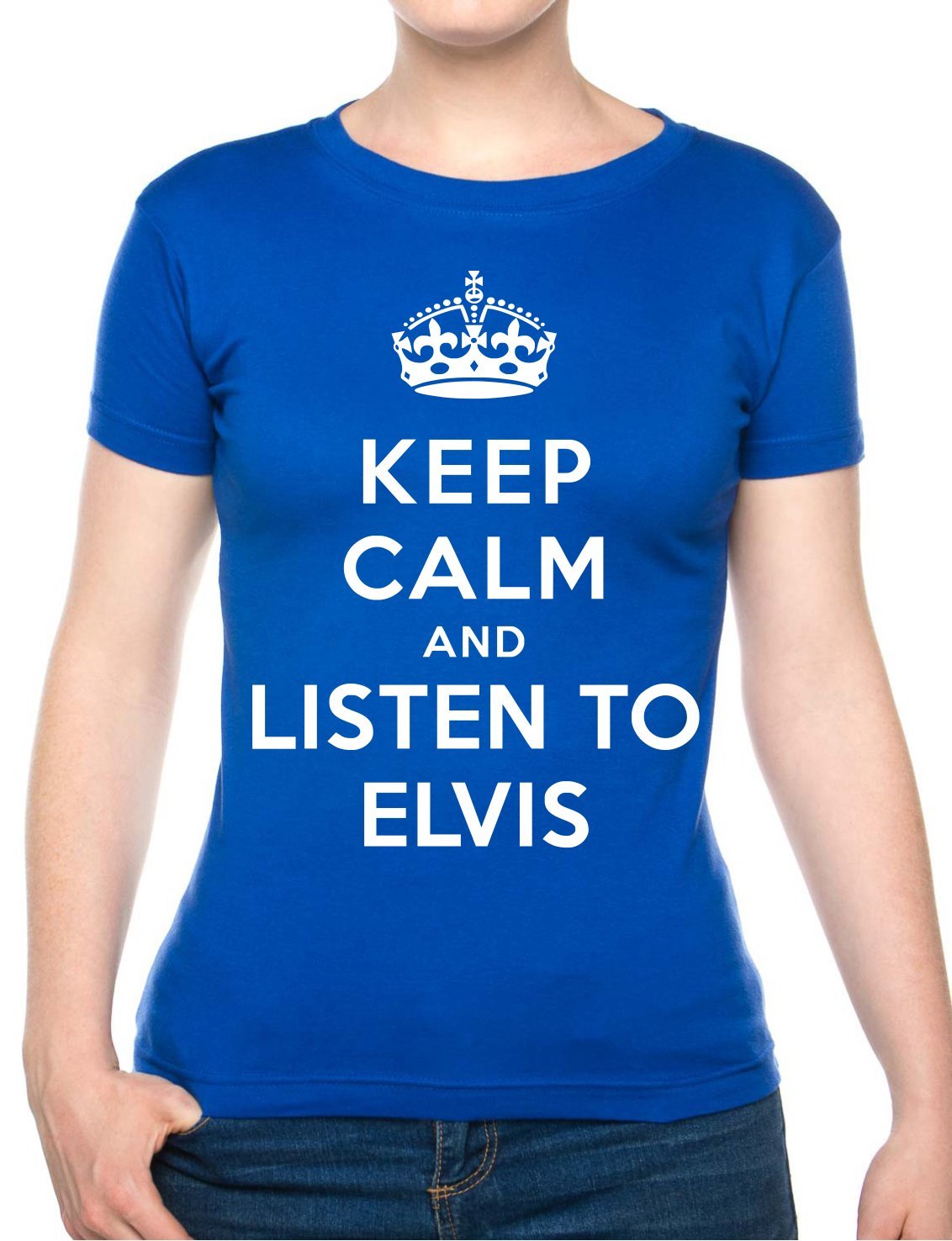Print4u Women's Blue Keep Calm Listen To Elvis Music Gift T-Shirt Unisex Fit Xxl
