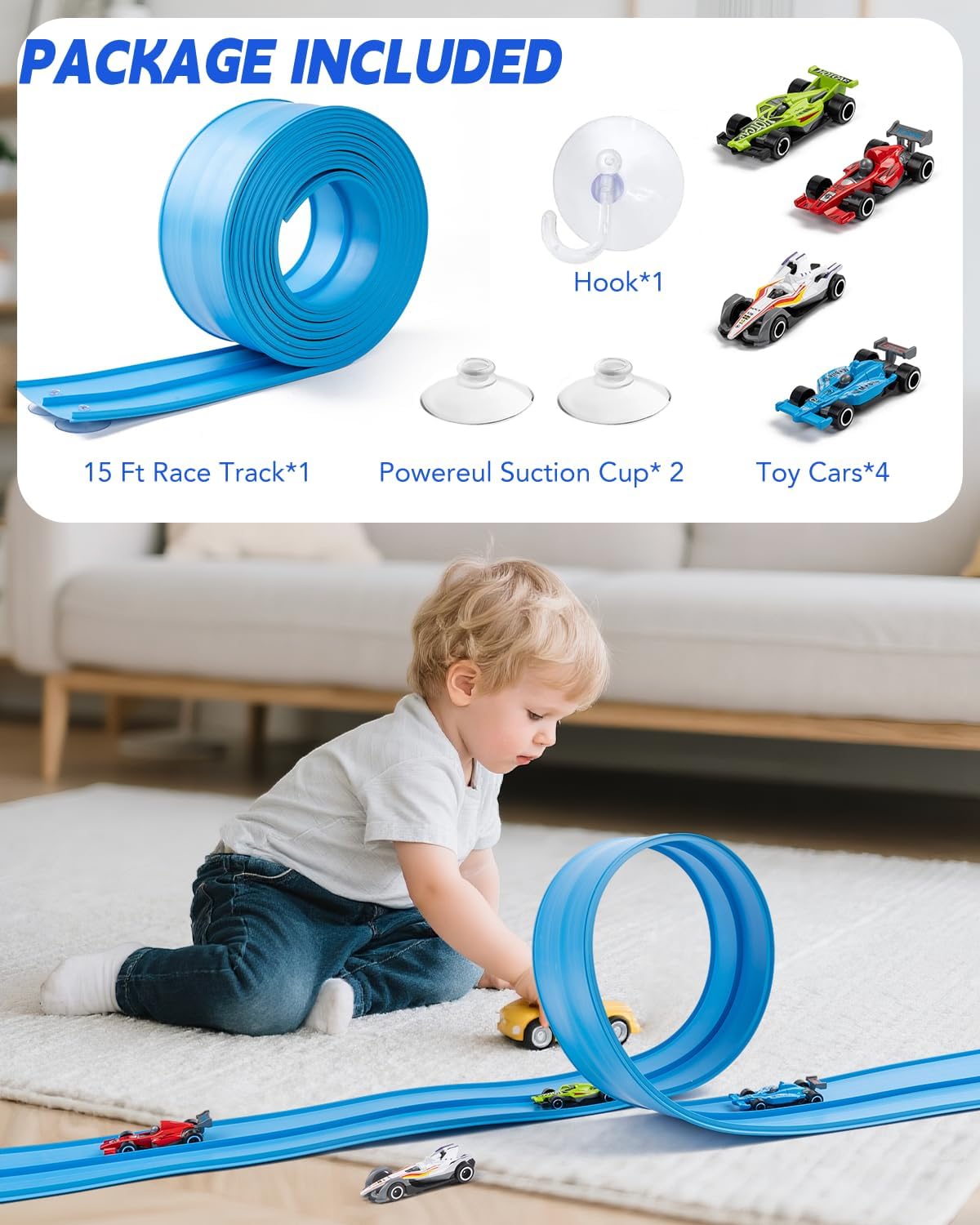 Flexible Race Car Track for Kids - Flex Track 15 Ft with Suction Cups & Loop, Portable Roll Up Racetrack for 1:64 Scale Model Cars for Toddlers Boys Girls Age 3+