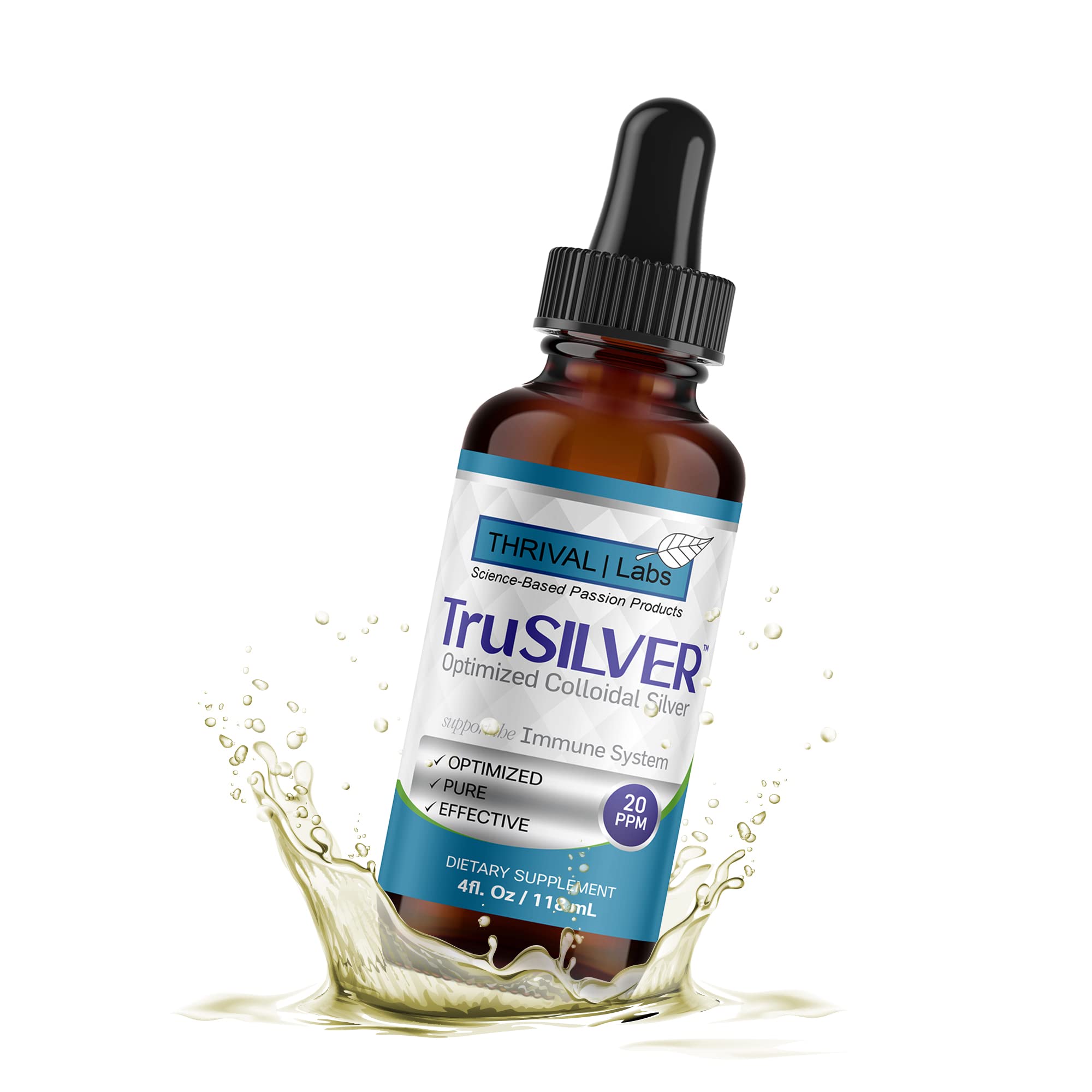 TruSILVER Colloidal Silver Liquid, Optimized 20 PPM Bio-Active Liquid Silver for Immune Support, Immune Booster Ionic Silver in Dark Glass Bottle with Dropper, 24 Servings, 4oz - Thrival Labs