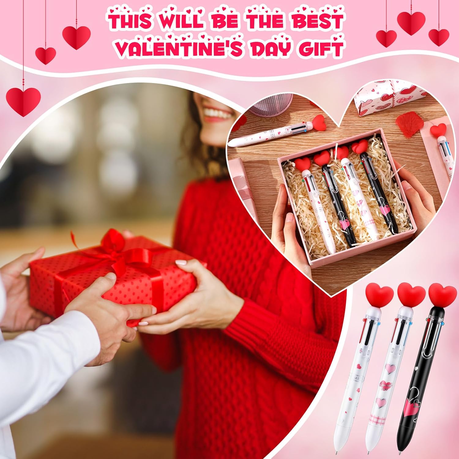 Sayglossy 24 Pcs Heart Shaped Pens Bulk, 6 in 1 Multicolor Retractable Ballpoint Pens 0.7mm, Cute Heart Top Pen for Valentine Exchange, Party Favors, Reward Prizes