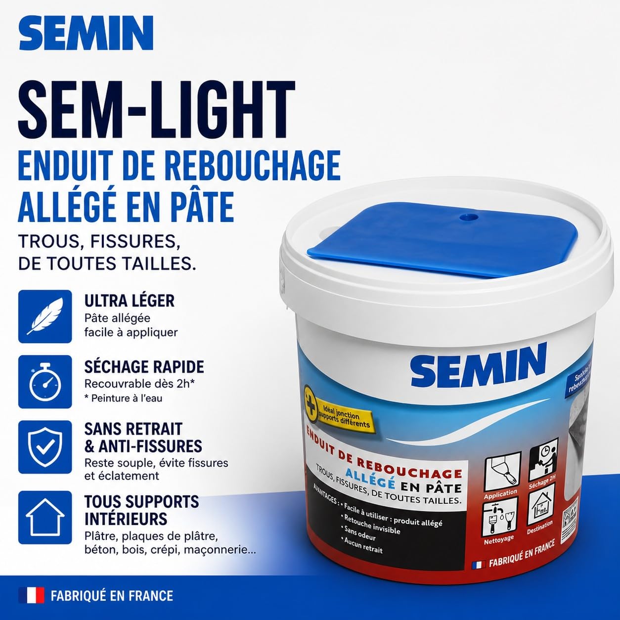 Semin SEM-LIGHT Enduit de Rebouchage Allégé- 5 X 1 L – Ultra Léger, Sans Retrait & Séchage Rapide – Réparation Trous & Fissures – Intérieur Murs & Plafonds – Blanc Mat – 5 Spatules Intégrées