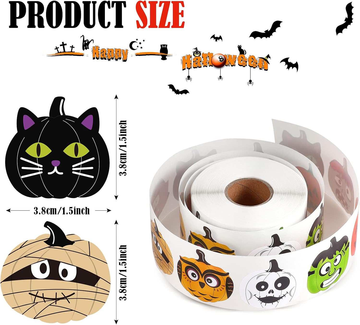 Censen 600 Pieces Halloween Stickers 1.5 Inch Halloween Pumpkin Character Roll Stickers 8 Designs Pumpkin Face Decoration(Horrible Style)