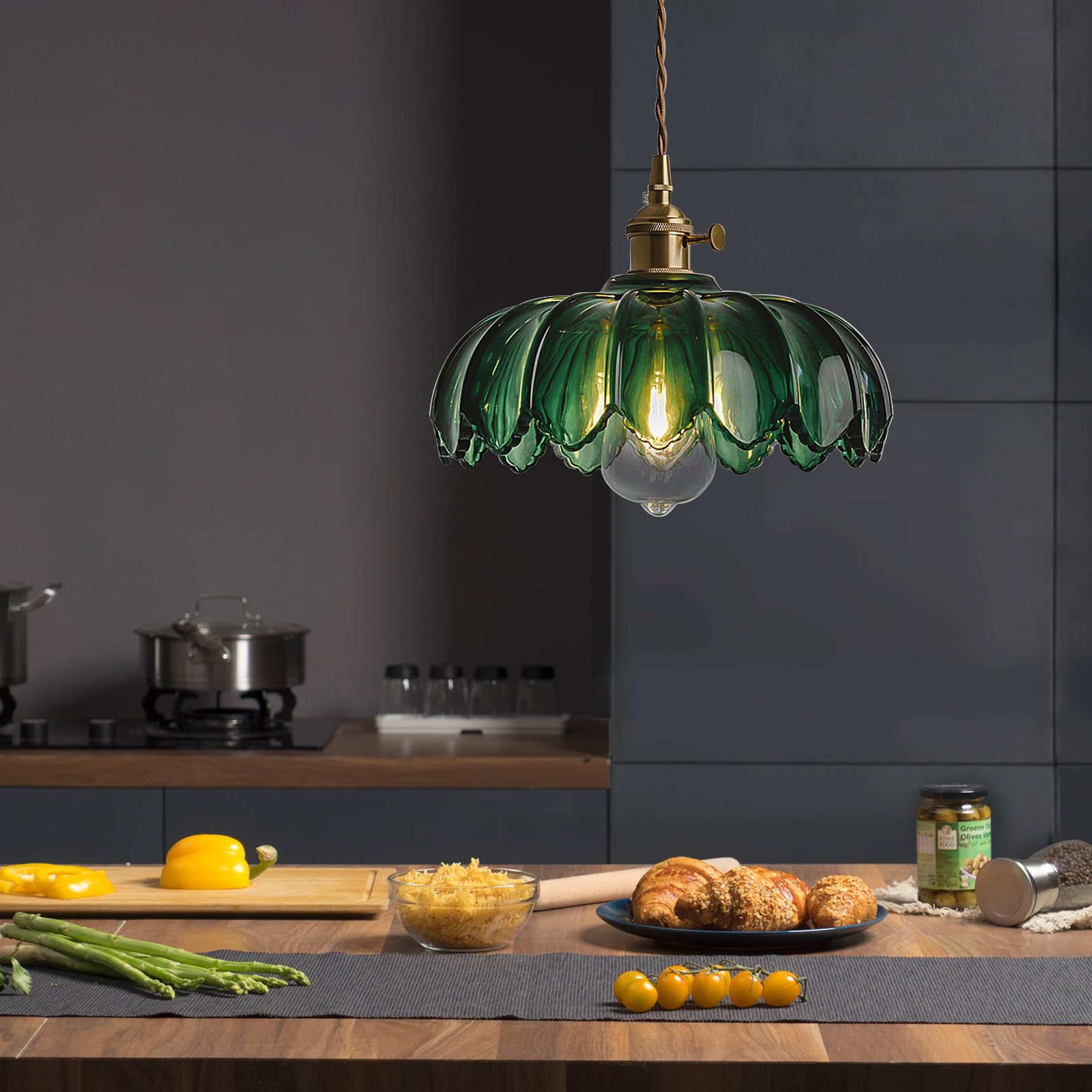 zhxinashu Lampada a Sospensione Verde Vetro, Lampadario Cucina Moderno | Lampada da Soffitto con Motivo Floreale in Vetro, Lampadina E27 Non Inclusa, Lampadario Verde per Camera da Letto e Soggiorno