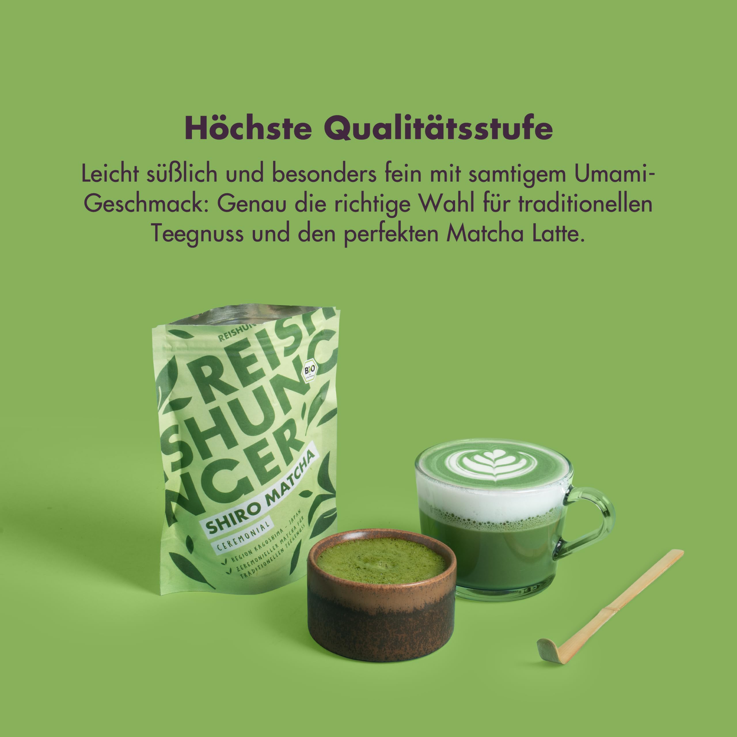 REISHUNGER – Bio Shiro Matcha Ceremonial – 2 x 50 g – Premium Matcha in Bio-Qualität – Perfekt als Tee & den perfekten Matcha Latte – Jadegrüne Farbe & sanft im Geschmack