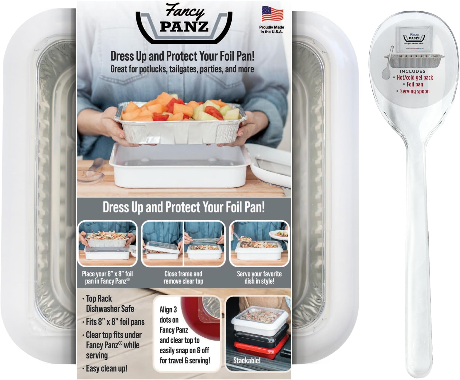 Fancy Panz - White 8x8" Aluminum Foil Pan Carrier with Lid - Elevated Food Serving Tray - Portable Casserole Carrier with Lid - Made in the USA Hosting Essentials