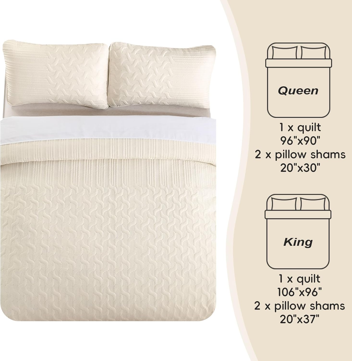 Yiran Beige Quilt Set Queen Size Lightweight Bedspread Ultrasonic Wave Pattern Soft Microfiber Coverlet for All Season Modern Style 3 Piece Bed Cover Sets with 2 Pillow Shams (96"x90") - Image 8