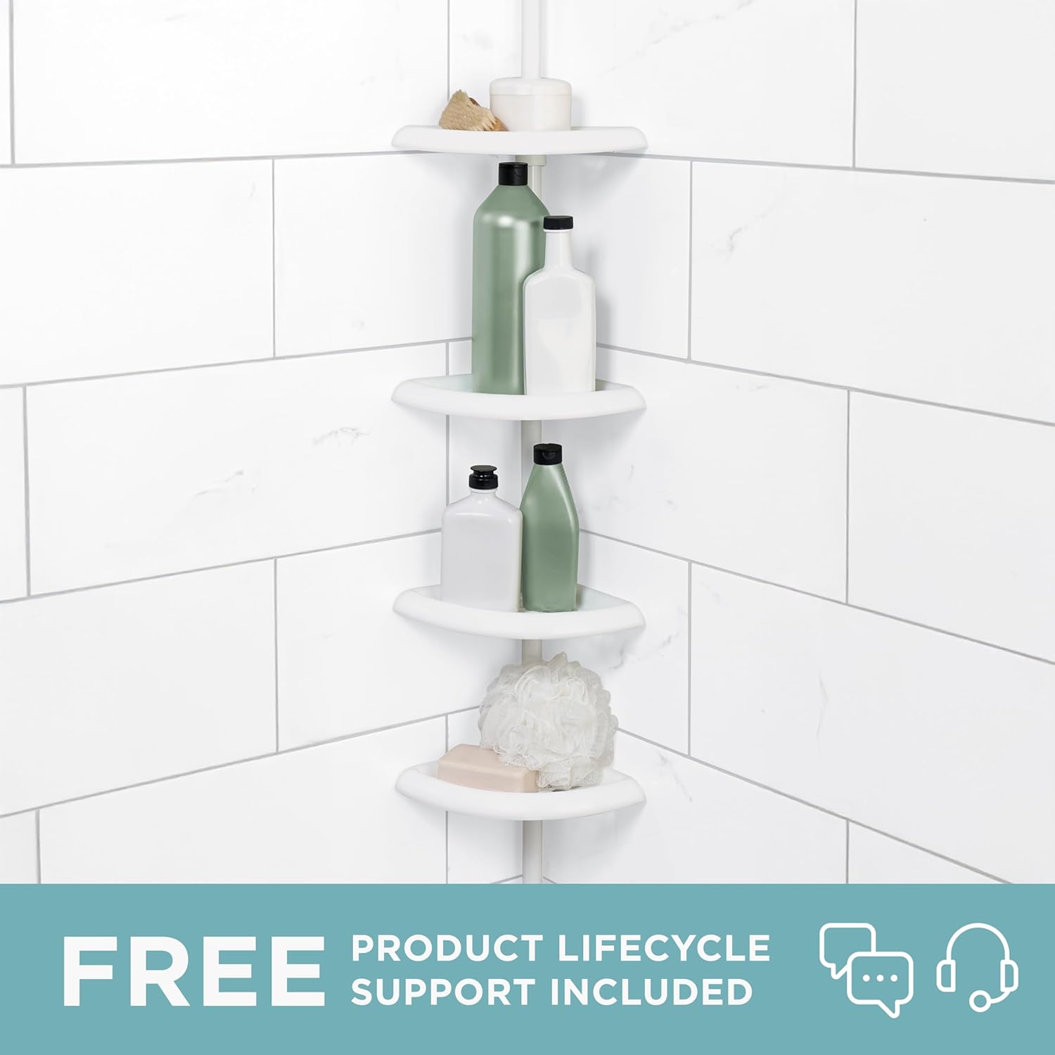 Zenna Home Tension Pole Shower Caddy, 4 Shelves, Adjustable, 60 to 97 Inch, White
