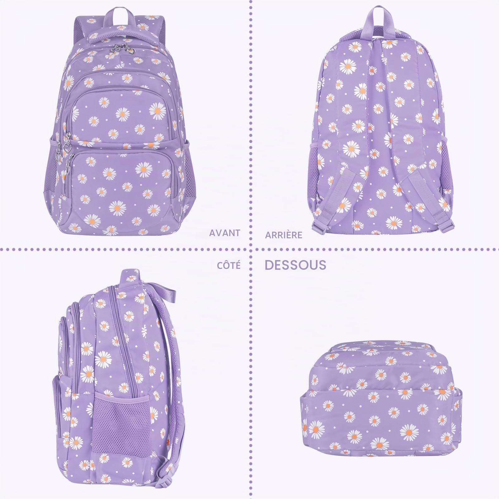 Ensemble de sac à dos d'école imprimé marguerite 3 pièces résistant à l'eau léger pour adolescents filles garçons