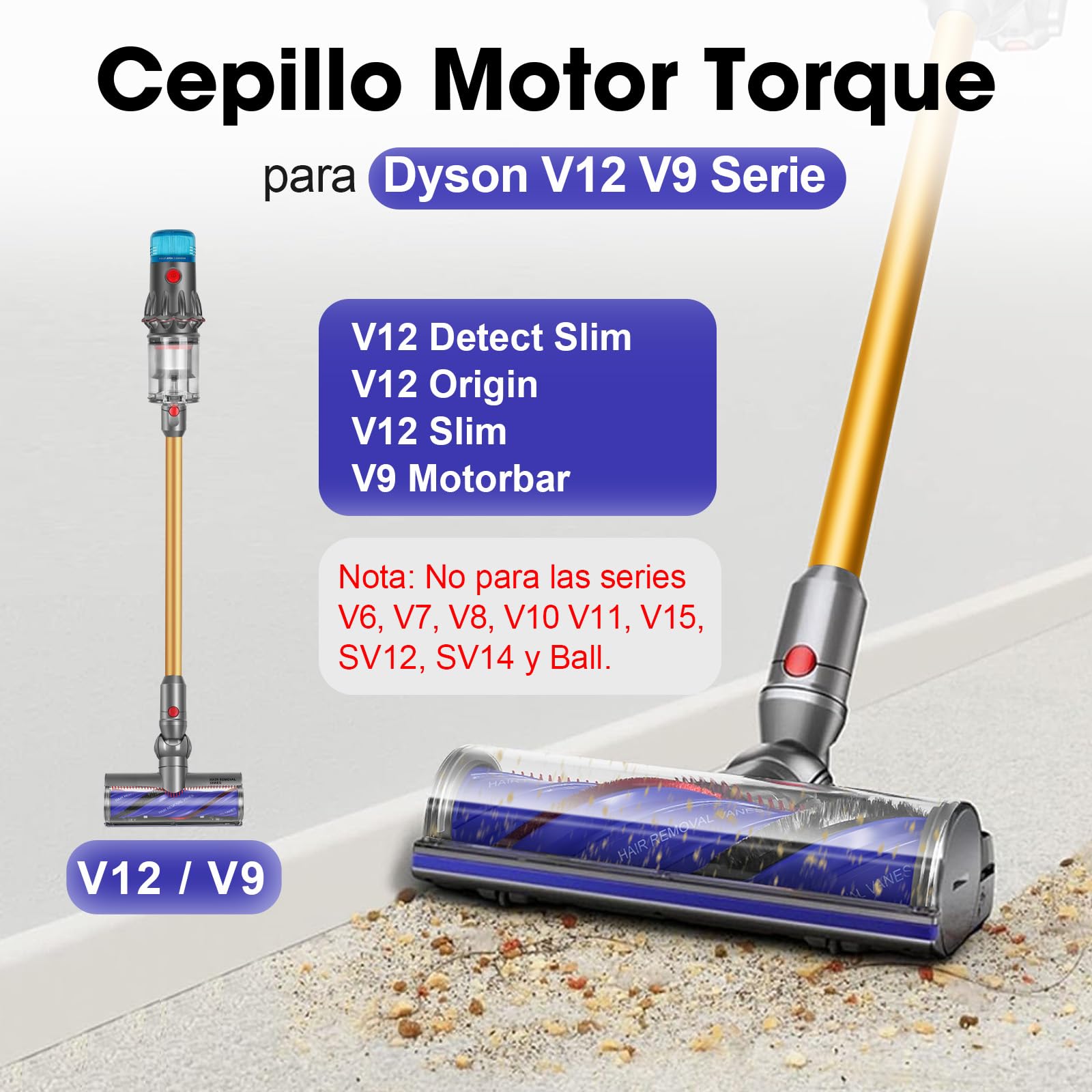V12 Cepillo Motorizado para Dyson V12 Detect Slim / V12 Origin / V9 Motorbar Cepillo Recambios Electrica Cabezal Repuestos Accesorios para Suelos Duros y Alfombras Fácil Eliminación Pelo y Cabello