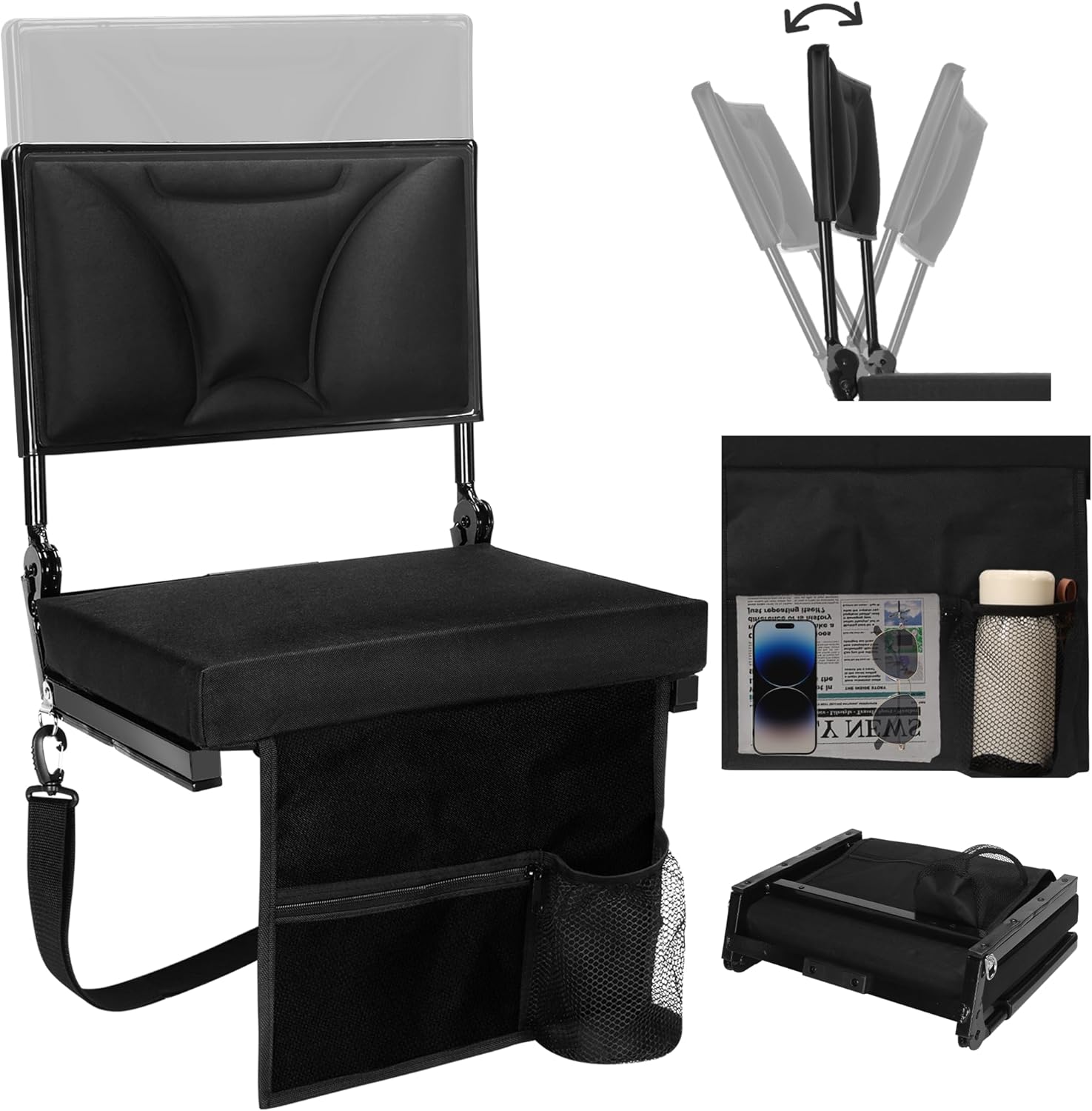 Stadium Seats with Back Support  Padded Bleacher Chairs with Back and Cushion, Folding Portable Wide Bleacher Seat with Storage Pockets & Cup Holder (Black Adjustable)