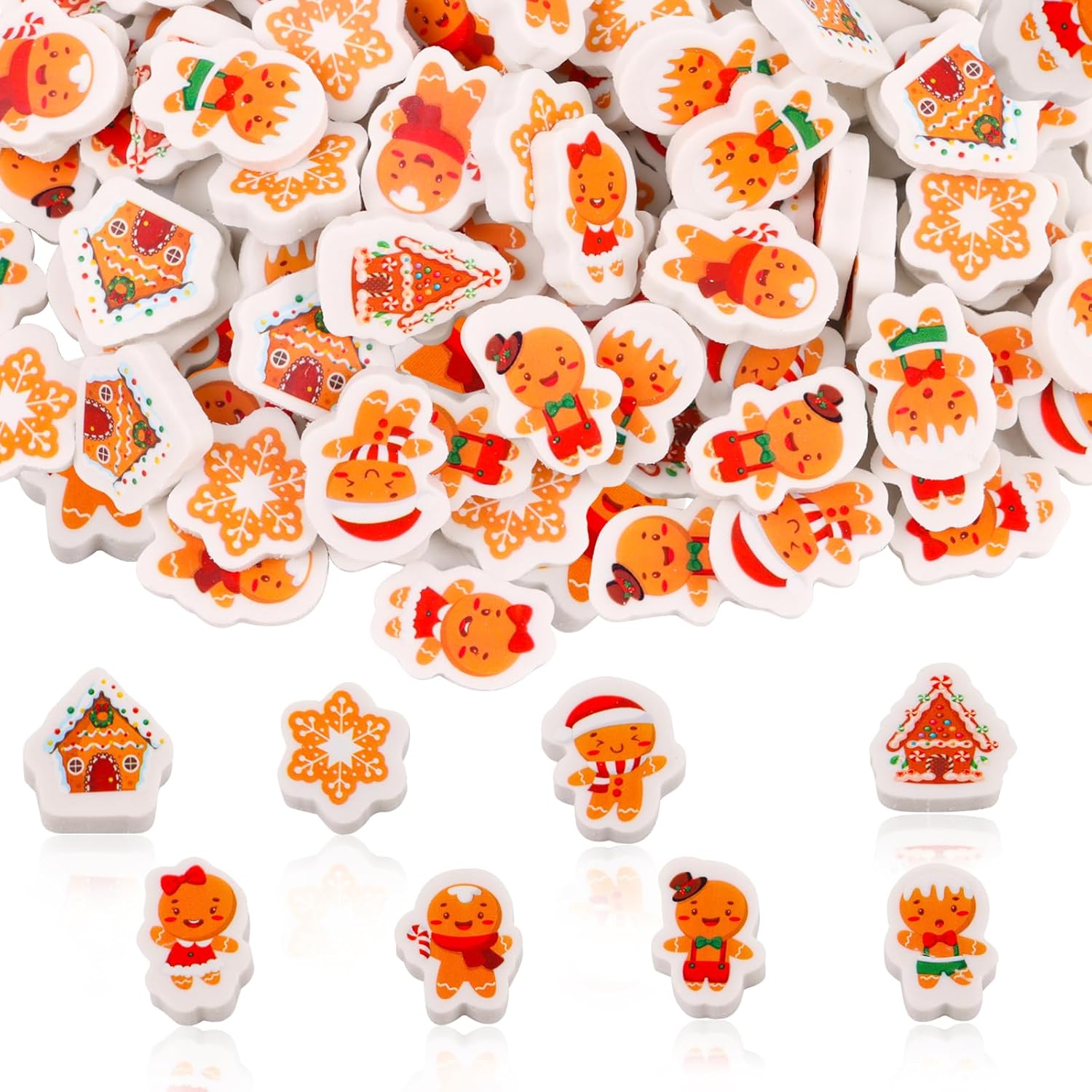 FOIMAS 120pcs Christmas Erasers,Mini Xmas Eraser Gingerbread Man Pencil Erasers Bulk for Christmas Stocking Stuffer Gift Bag Filler School Classroom Rewards