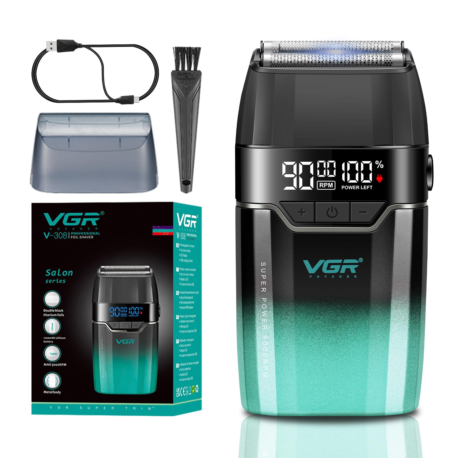 VGR 308 Afeitadora Electrica Hombre InaláMbrica, Shaver Barberia, Verde | Doble Capa de LáMina Flotante de Titanio y Motor de 9000RPM, Maquina de Afeitar Hombre Compacta con Pantalla LED, Carga USB