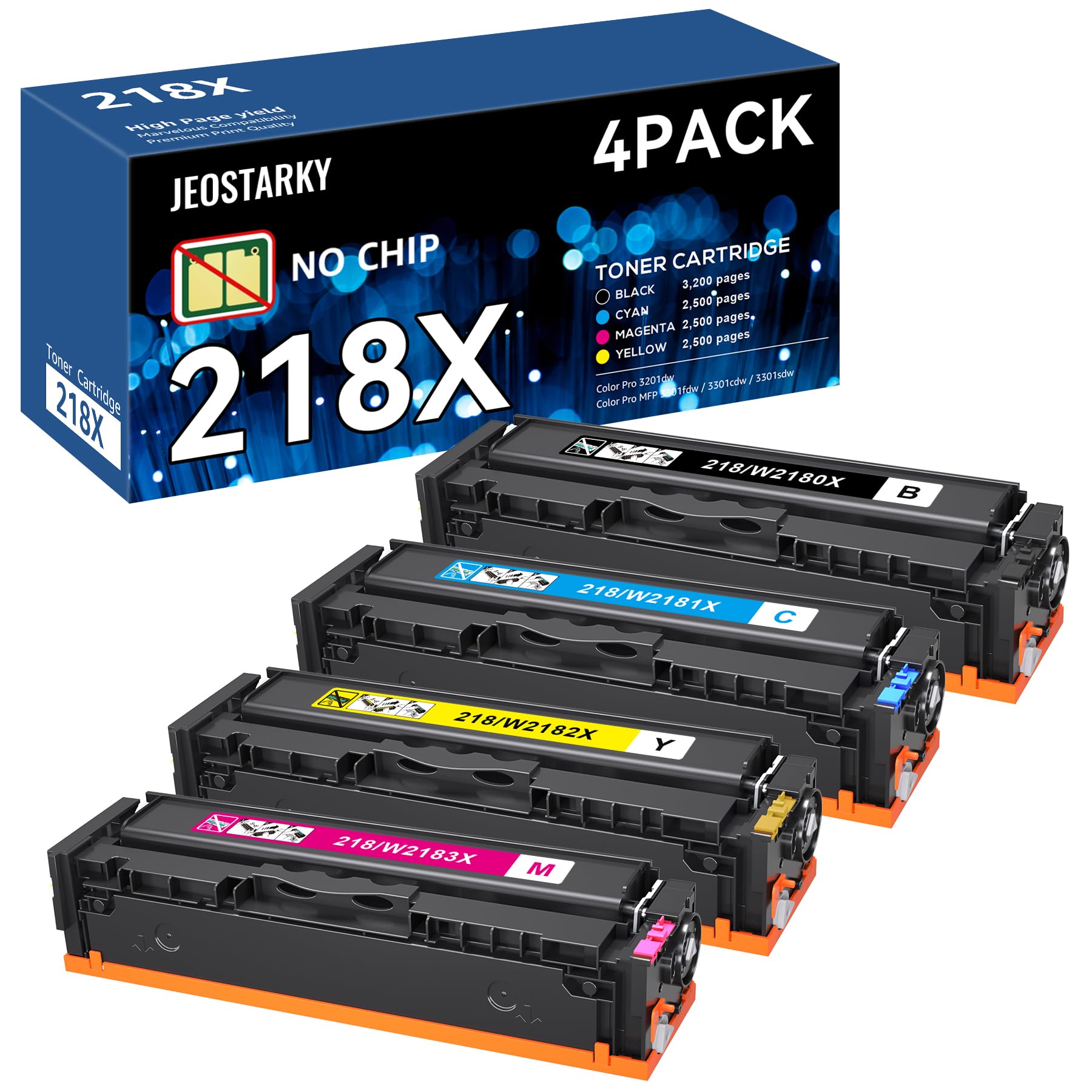 Jeostarky 218X 218A Toner Cartridges 4 Pack Compatible for HP 218X Replacement for Color Laserjet Pro MFP 3301fdw Pro 3201dw MFP 3301cdw MFP 3301sdw Printer W2180X W2180A (No Chip)