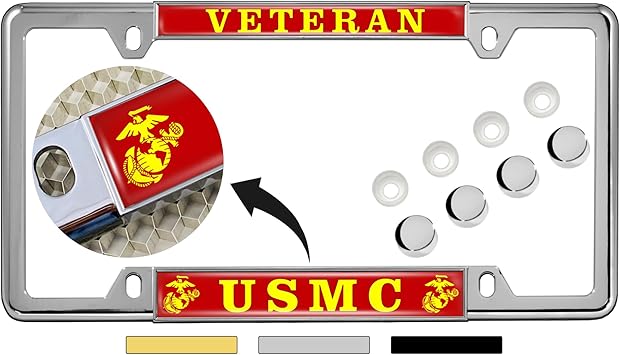 [Officially Licensed US Marine Corps Product] - Veteran USMC with EGA Emblem - Domed Custom-Made Personalized Thin Top 4-Hole Metal Car License Plate Frame with Free caps - Chrome Frame Qty 1