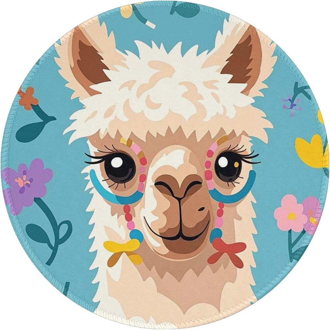 Alpaca Pattern Round Mousepad 8 Inch Waterproof Non-Slip Mousemat Funny Small Gaming Mousepad with Rubber Base and Stitched Edge Desk Decor Accessories for Home Office Work