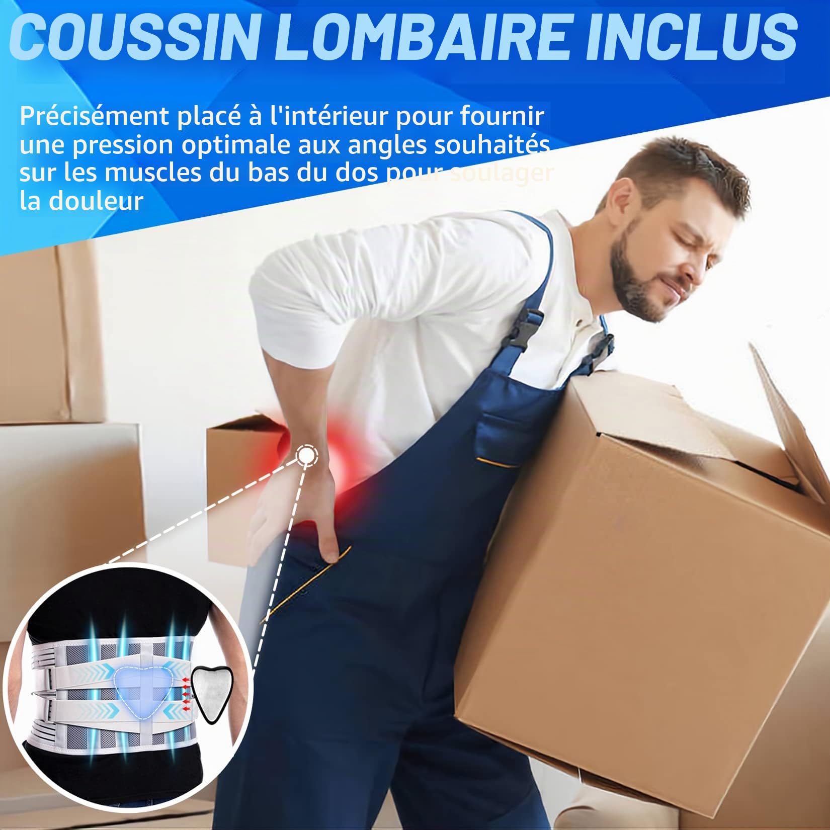 Paskyee Ceinture Lombaire pour homme et femme Soulagement de la douleur dans le bas du dos avec 6 baleines et coussin lombaire amovible, ceinture de soutien lombaire pour hernie discale, sciatique