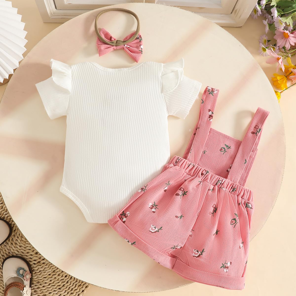 Kleinkind Baby Mädchen Sommerkleidung Rippstrick-Tops Trägerhosen mit Blumenmuster und Stirnband