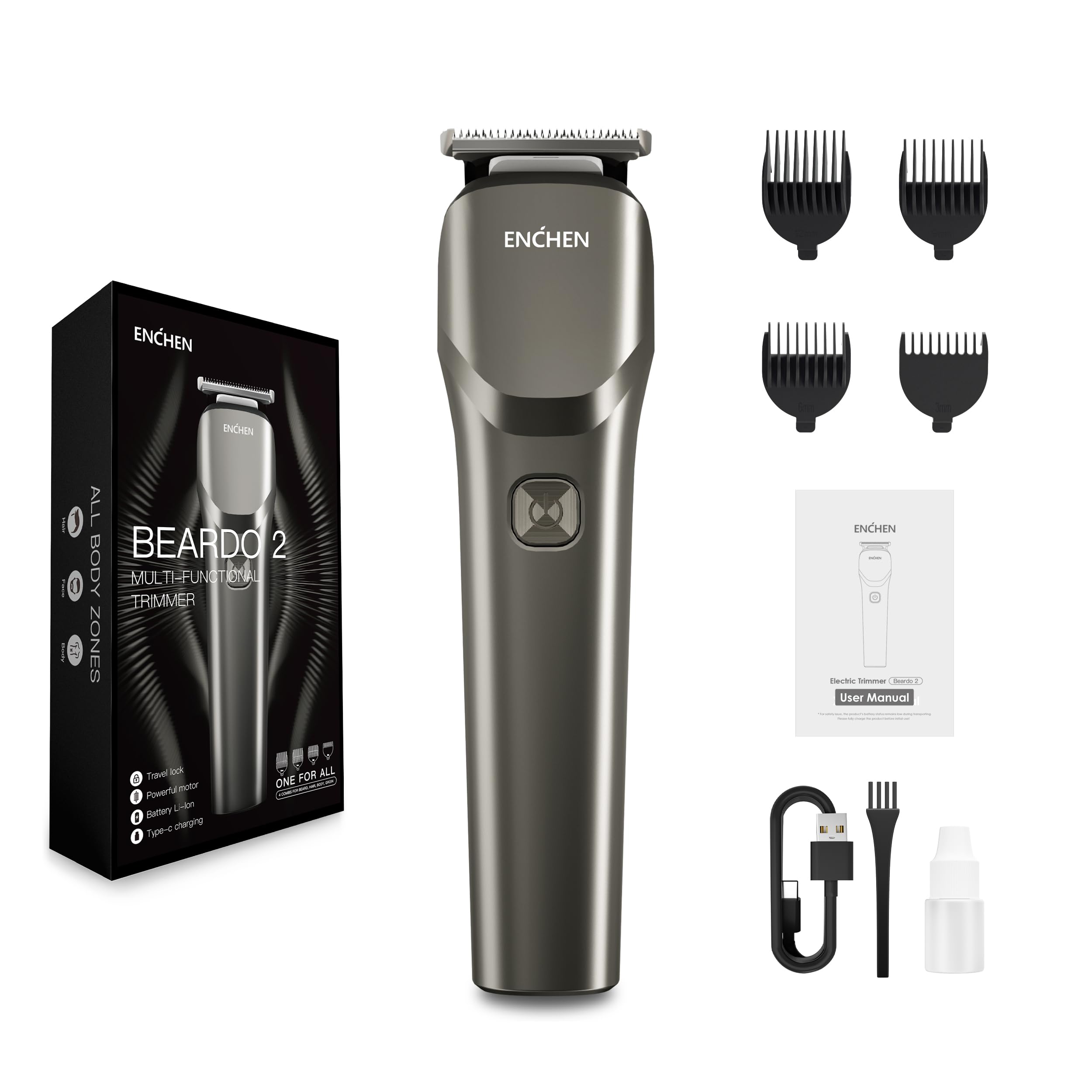 ENCHEN Cortapelos para hombres, recortadora de barba inalámbrica de uso de 90 minutos, maquinilla de afeitar eléctrica recargable tipo C para cara, cuerpo y cabeza, bloqueo de viaje, indicador LED