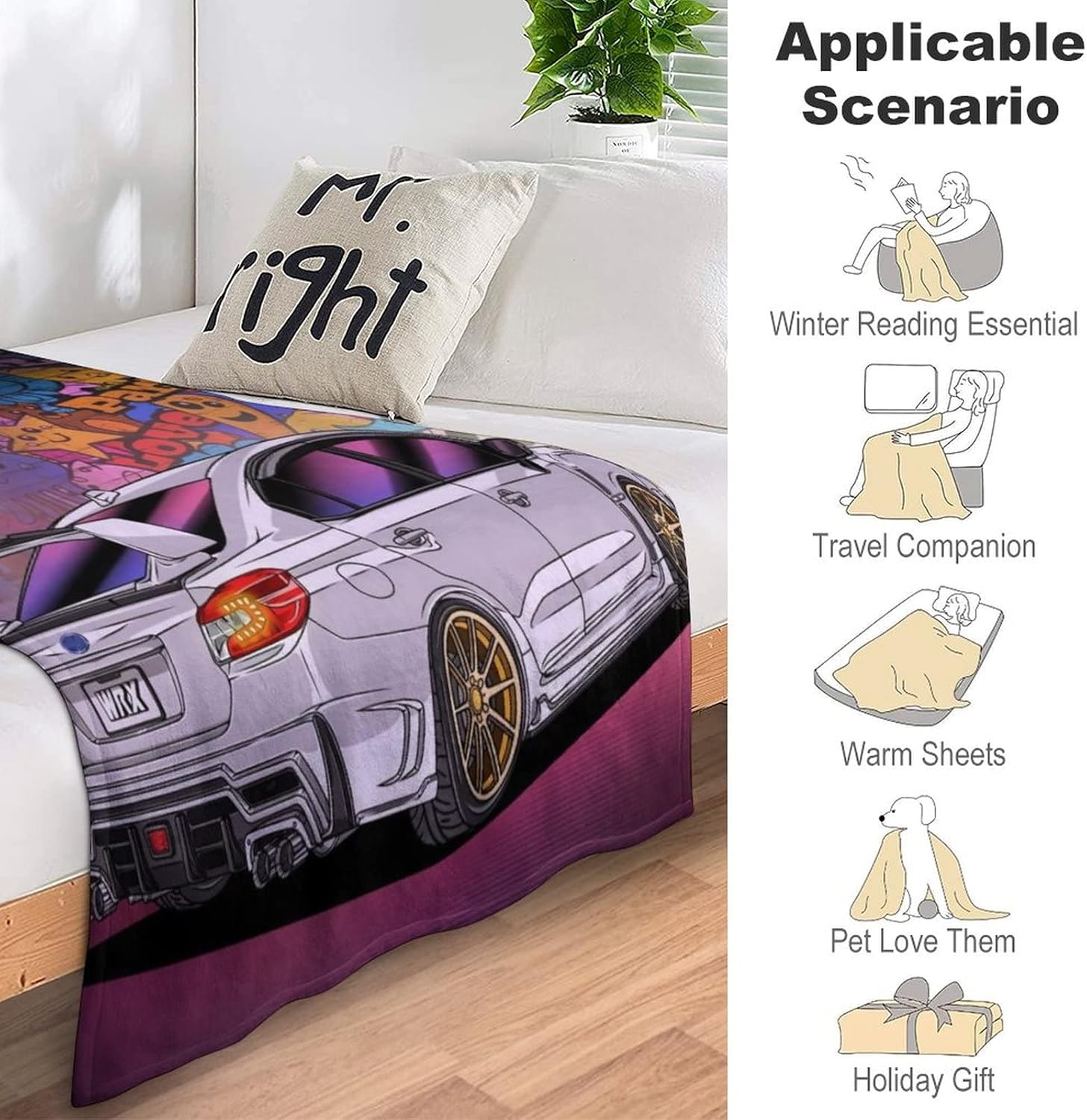 Neon WRX Car White Street Back JDM Art Blanket Super Soft Flannel Lightweight Cooling Blankets for Boys and Girls Flannel Soft Bedding 50"*60"（130 * 150cm）