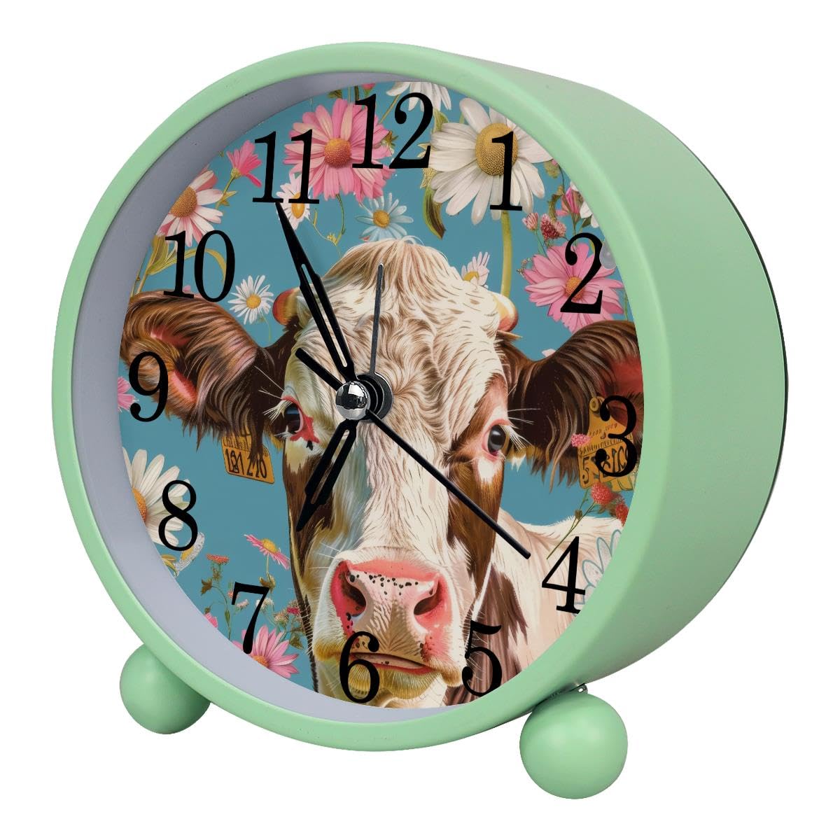Alarm Clock Cow Daisies Flower, Silent Non-Ticking with Night Light