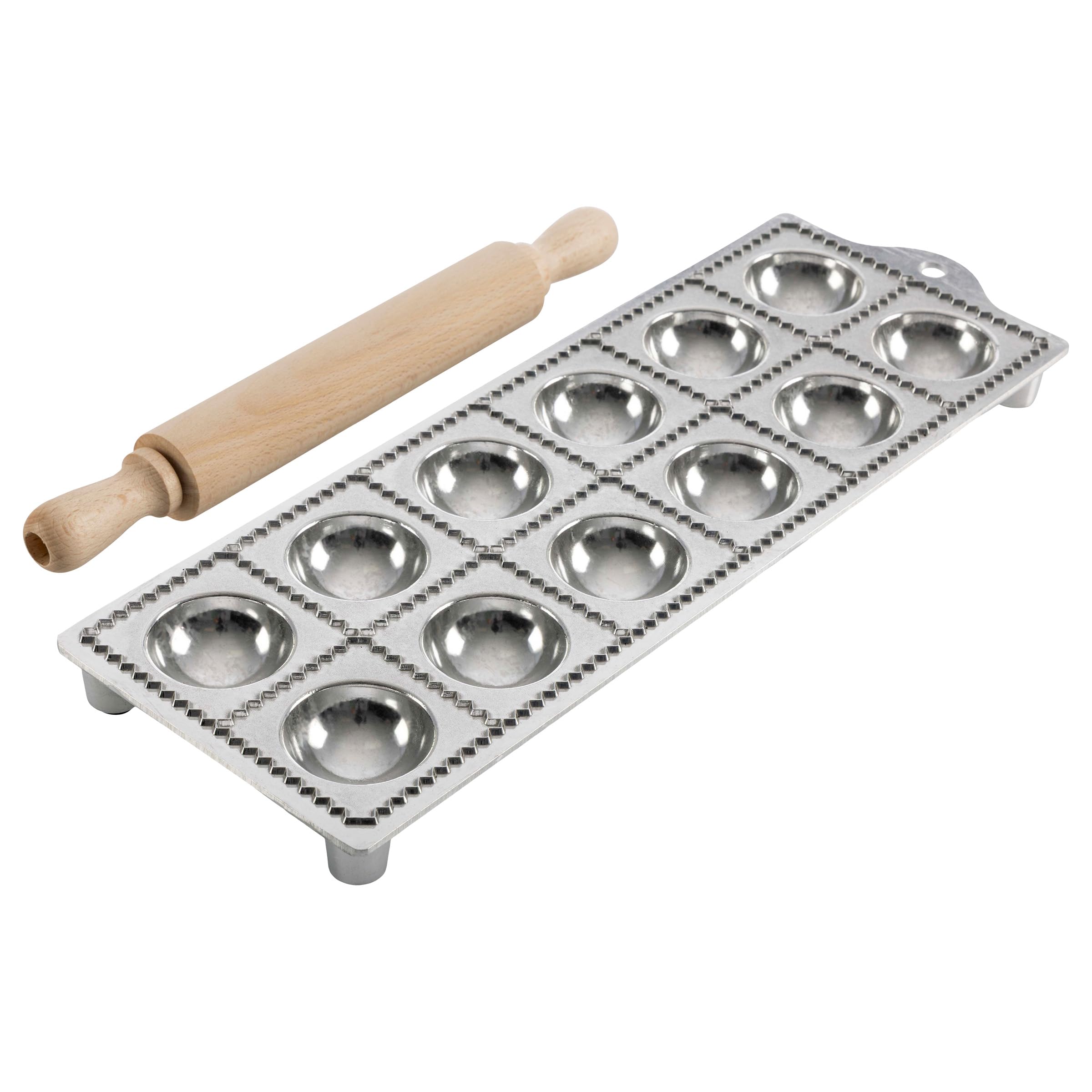 Kings County Tool - Molde redondo para raviolis | Produce forma redonda de 2 pulgadas | Fácil de usar | Rodillo de madera para pasta incluido | Inserto de pie de goma antideslizante | Necesidad de