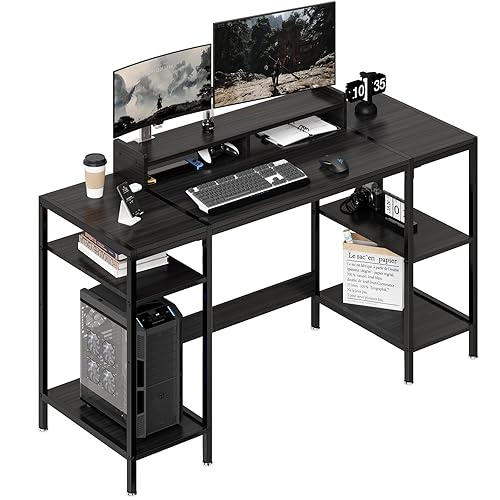 VivomexisAura 55 inch Black Computer Desk Gaming Desk with Monitor Stand, Home Office Desk for 2 Monitors, Writing Desk with Adjustable Storage Space,Sturdy and Durable Modern Small Desk - Black - 55