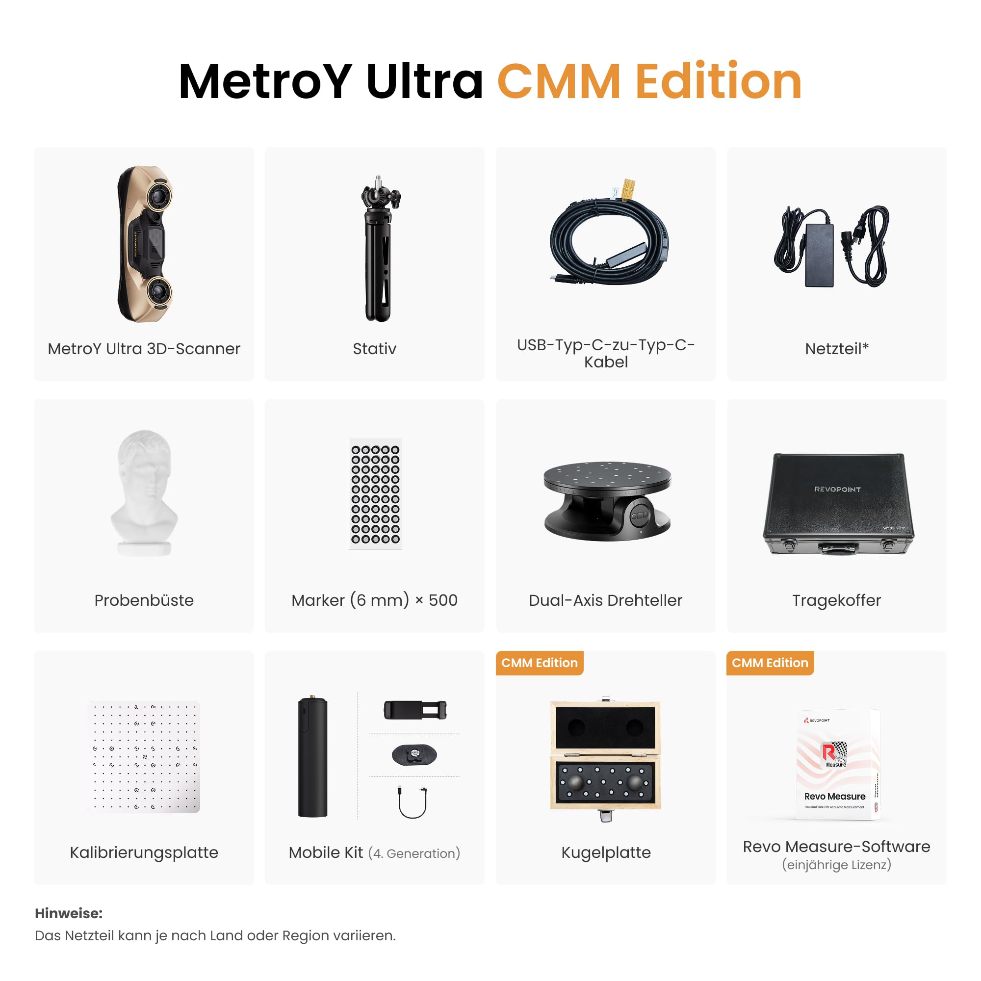 Revopoint MetroY Ultra 3D-Scanner, 0,01 mm Blaulaser, PTB-zertifiziertes GD&T- und Abweichungsanalyse-System, 90 FPS, Wi-Fi 6, Außen-/Farbscan für 3D-Druck, Kugelplatte aus Kohlefaser (nur Win 10/11)