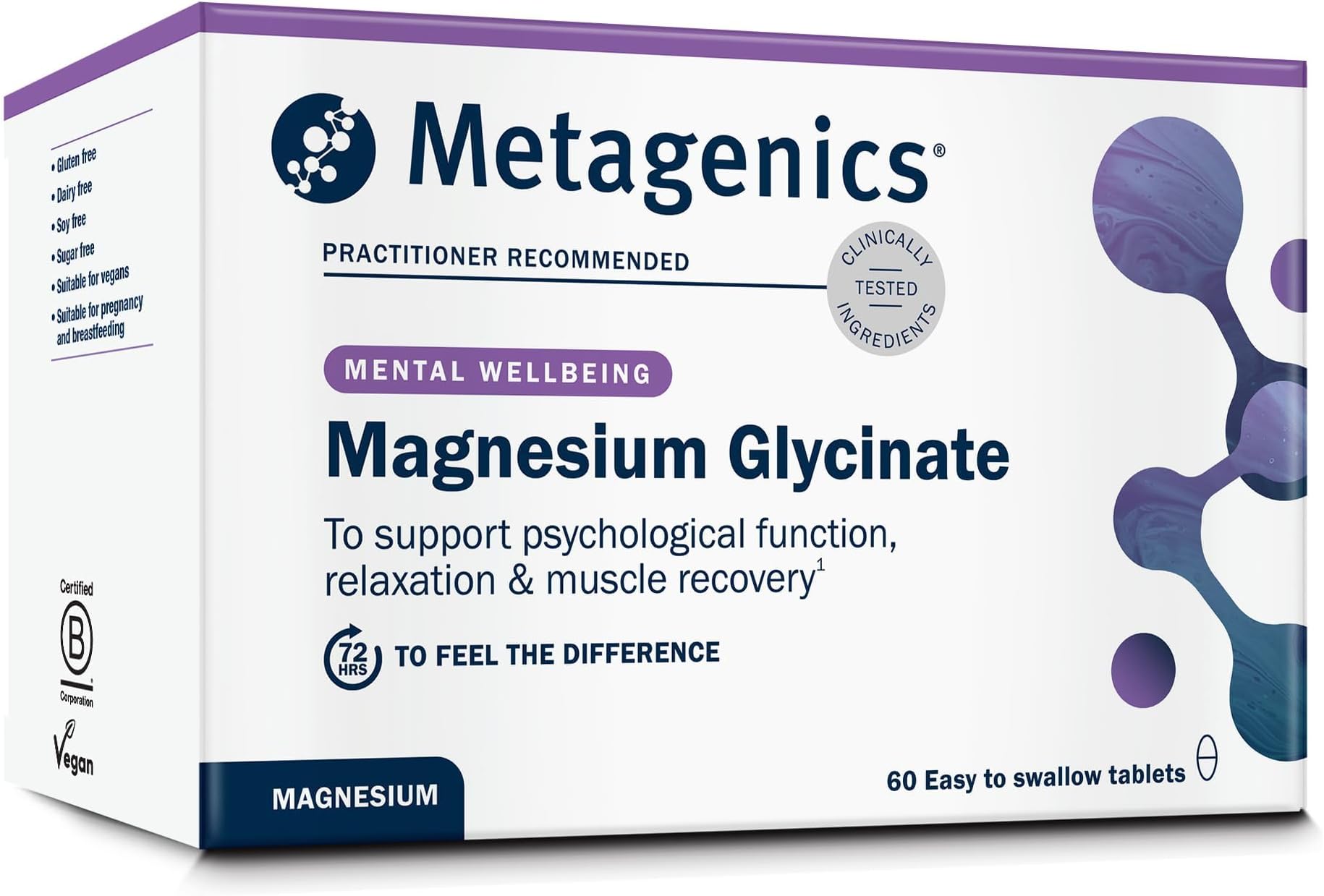 Magnesium Glycinate - for Muscle Function & Energy - Easy to Swallow, Optimal Absorption & Digestion - 60 Coated Tablets