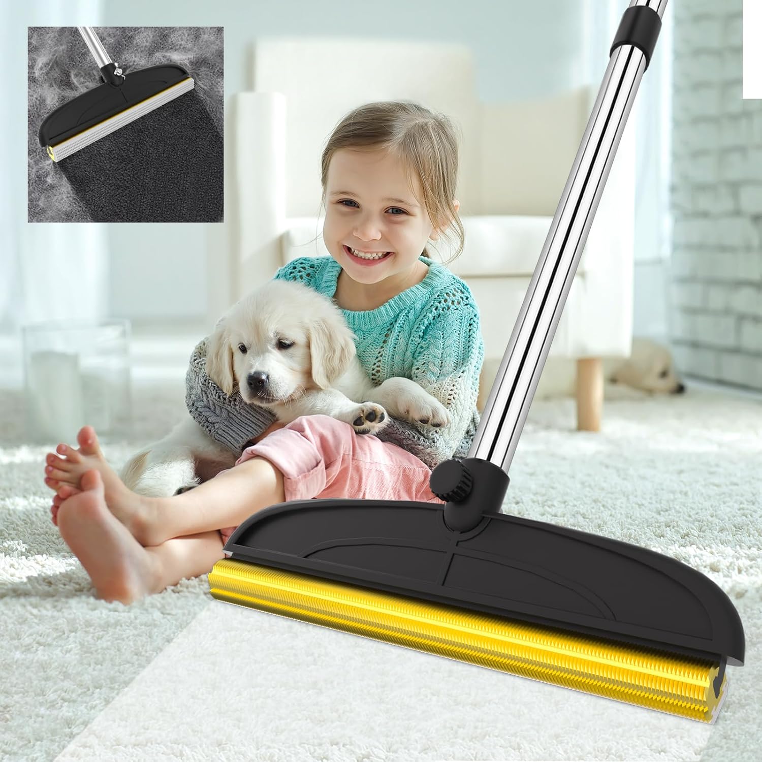 Carpet Rake for Pet Hair Removal, Reusable Dog Hair Remover with 46”Adjustable Long Handle, Soft TPU & Metal Dog Hair Broom Cat Fur Brush, Carpet Scraper Remover Tool for Fluff Carpet, Bed, Rug