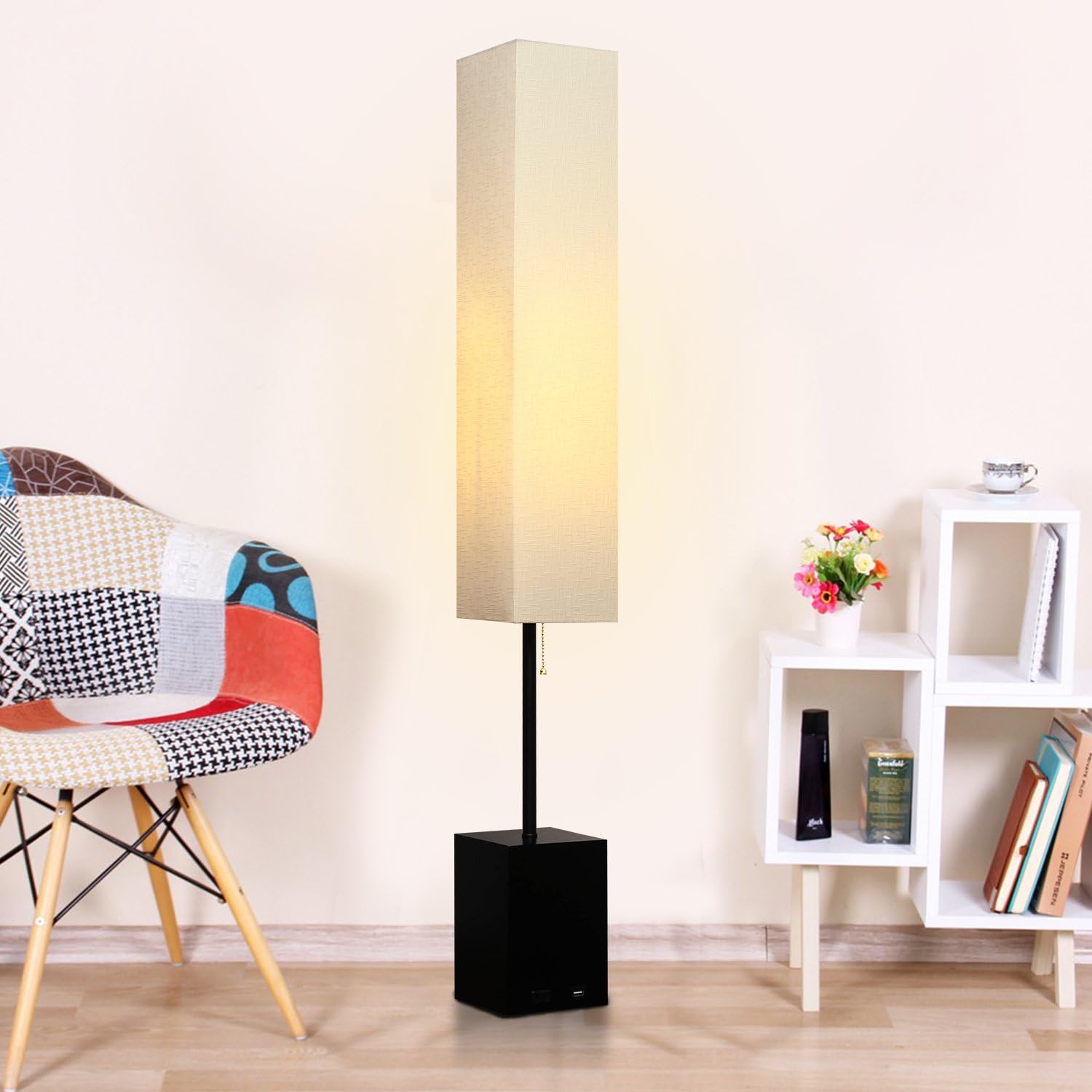 HOMPEN Floor Lamp with Outlet and 5V/2A USB Charging Port, Warm Light for Living Room, Bedroom, Guest Room, Office, Study Room—Included 6W LED Bulb