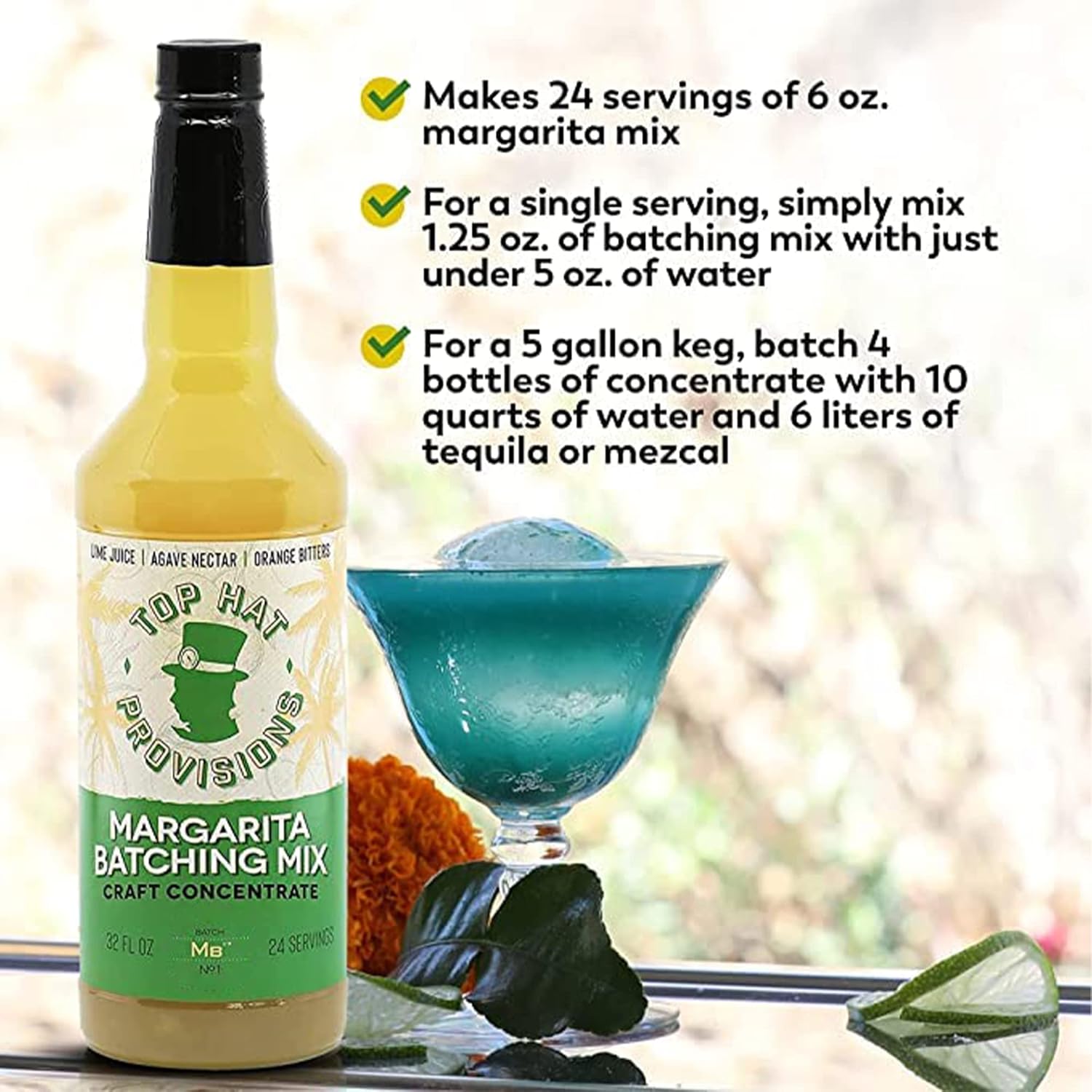 Top Hat Agave Margarita Batching Mix & Frozen Margarita Concentrate - Handcrafted with Organic Agave Nectar & Lime Juice - Batch Margaritas on Draft & Frozen Margaritas - 2 Pack of 32oz Bottles