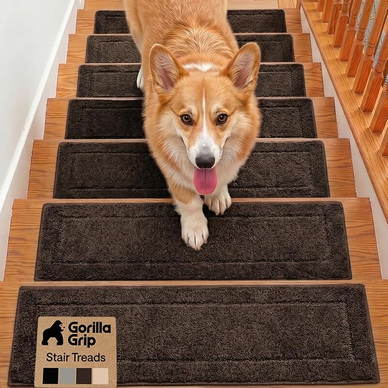 GORILLA GRIP Peel and Stick Stair Treads,15 Pack for Wooden Steps, Multi-Surface Use, Machine Washable Carpet Runners, Indoor Rugs for Stairs, Pet Friendly, Universal Size, Brown, 8x28 Inches