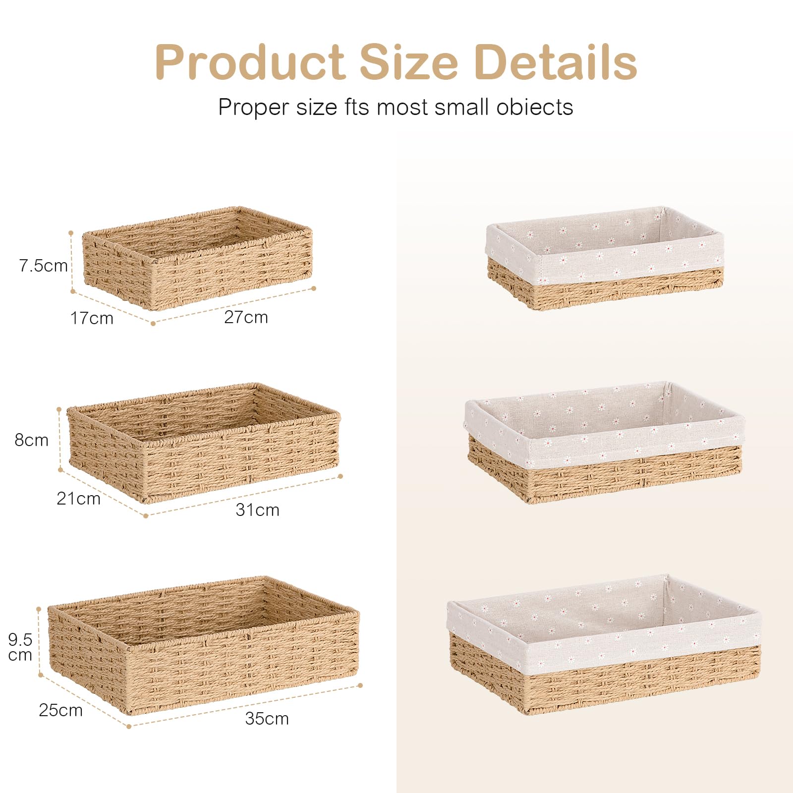 FoiiLiio Lot de 3 Panier Rangement, Paniers de Rangement Tressés, Paniers et boîtes de Rangement, Corbeille Rangement pour Salle de Bain, Cuisine, Organisateur Table a Langer Bebe (Beige)
