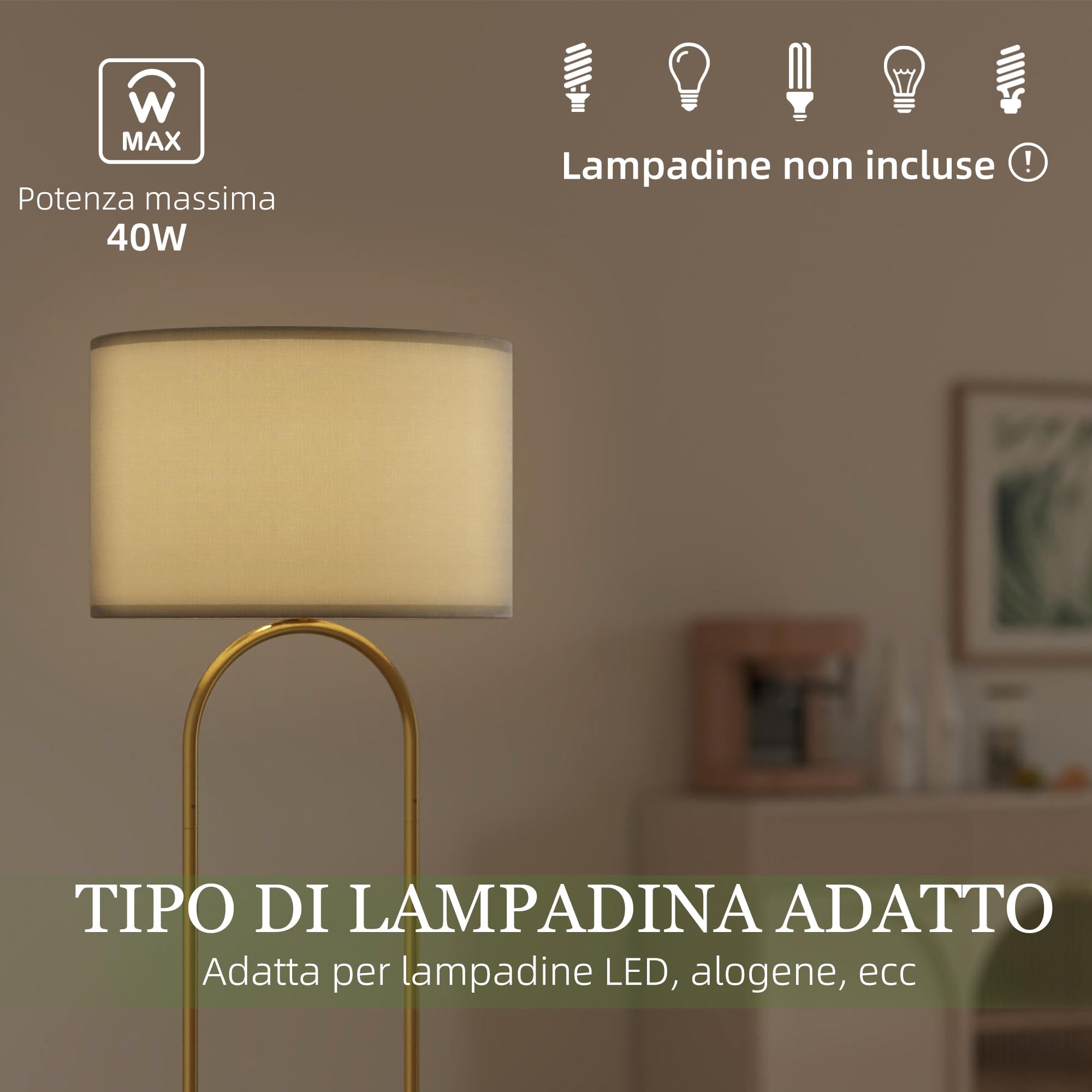 HOMCOM Lampada da Terra Moderna con Doppio Tubo Metallico Base Grande Oro | Lampada a Piantana, Paralume in Tessuto, Interruttore a Pedale, Base di Appoggio, per Salotto e Camera da Letto