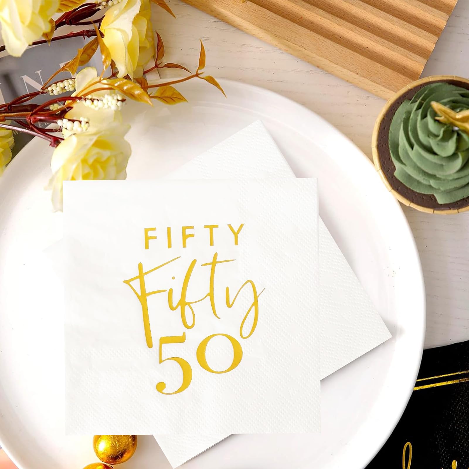 40pcs White and Gold 50th Birthday Paper Cocktail Beverage Napkins,Disposable Paper Napkins for 50th Anniversary 50th Birthday Napkins For Men and Women