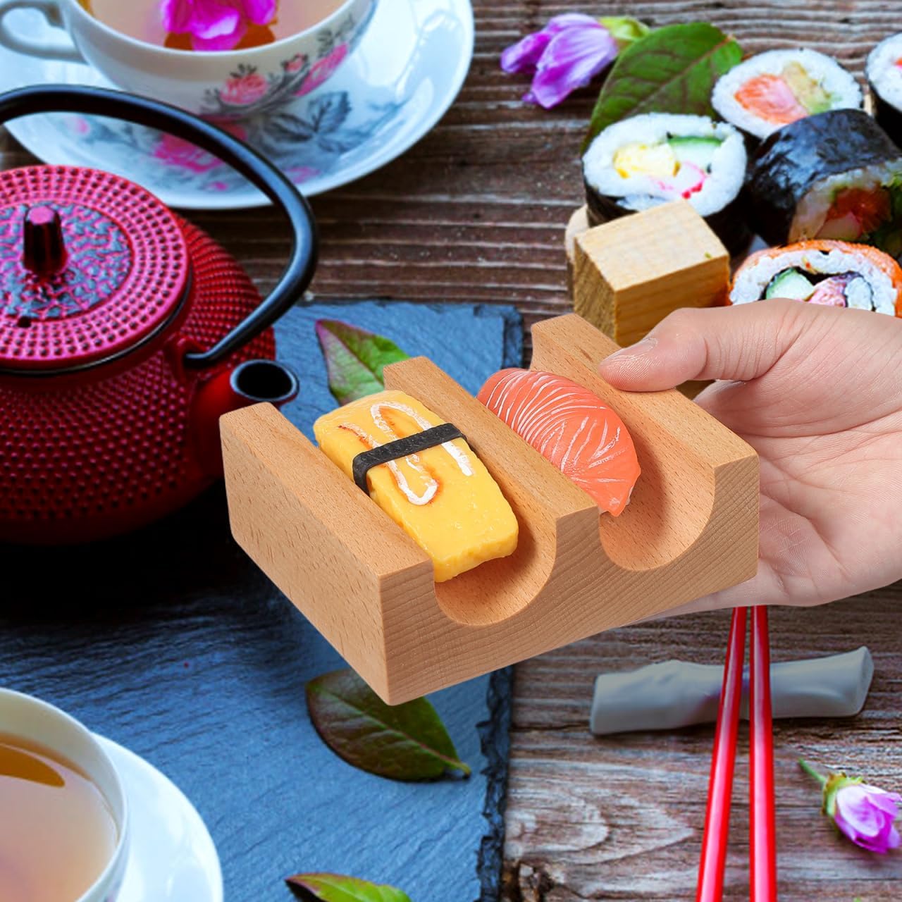 Homoyoyo Wooden Sushi Taco Holder,Hand Roll Sushi U Shaped Sashimi Plate Display Stand Rack Roll Boat Food Display for Home and Restaurant Use