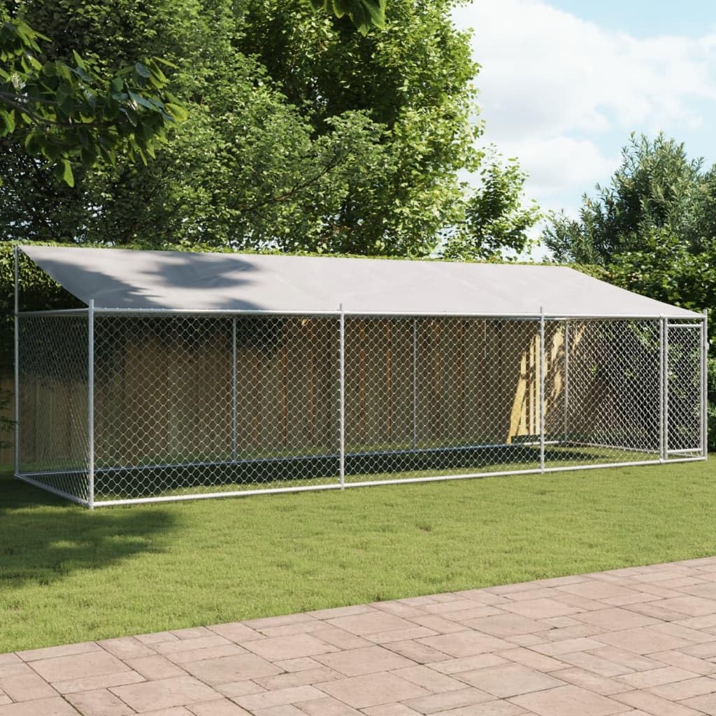 IKAYAA Recinto per Cani da Esterno con Tetto e Porta, Cuccia in Acciaio Zincato - 6 x 2 x 2 m